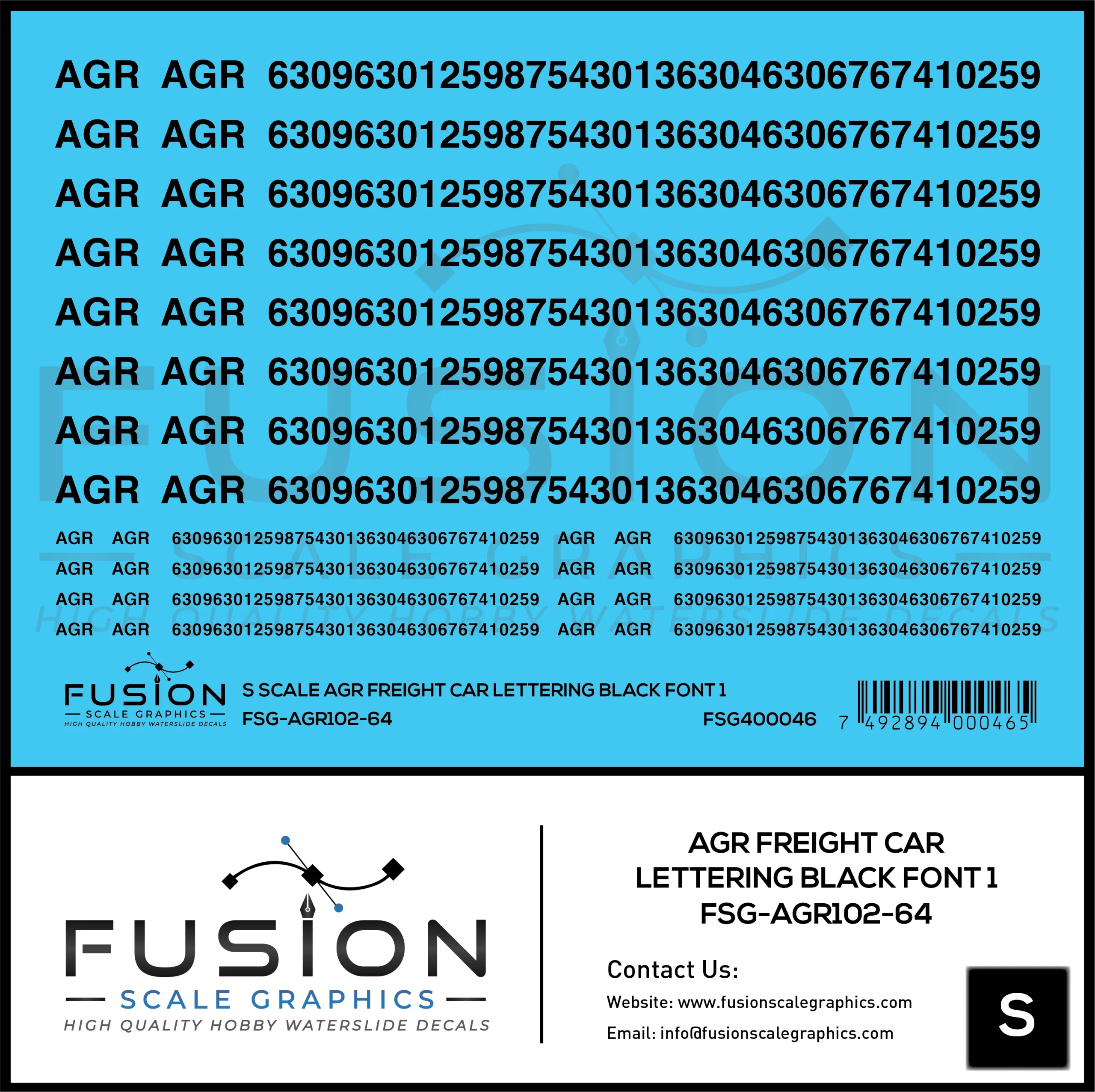 S Scale AGR Freight Car Lettering Black Font 1 Decal Set - Fusion Scale Graphics