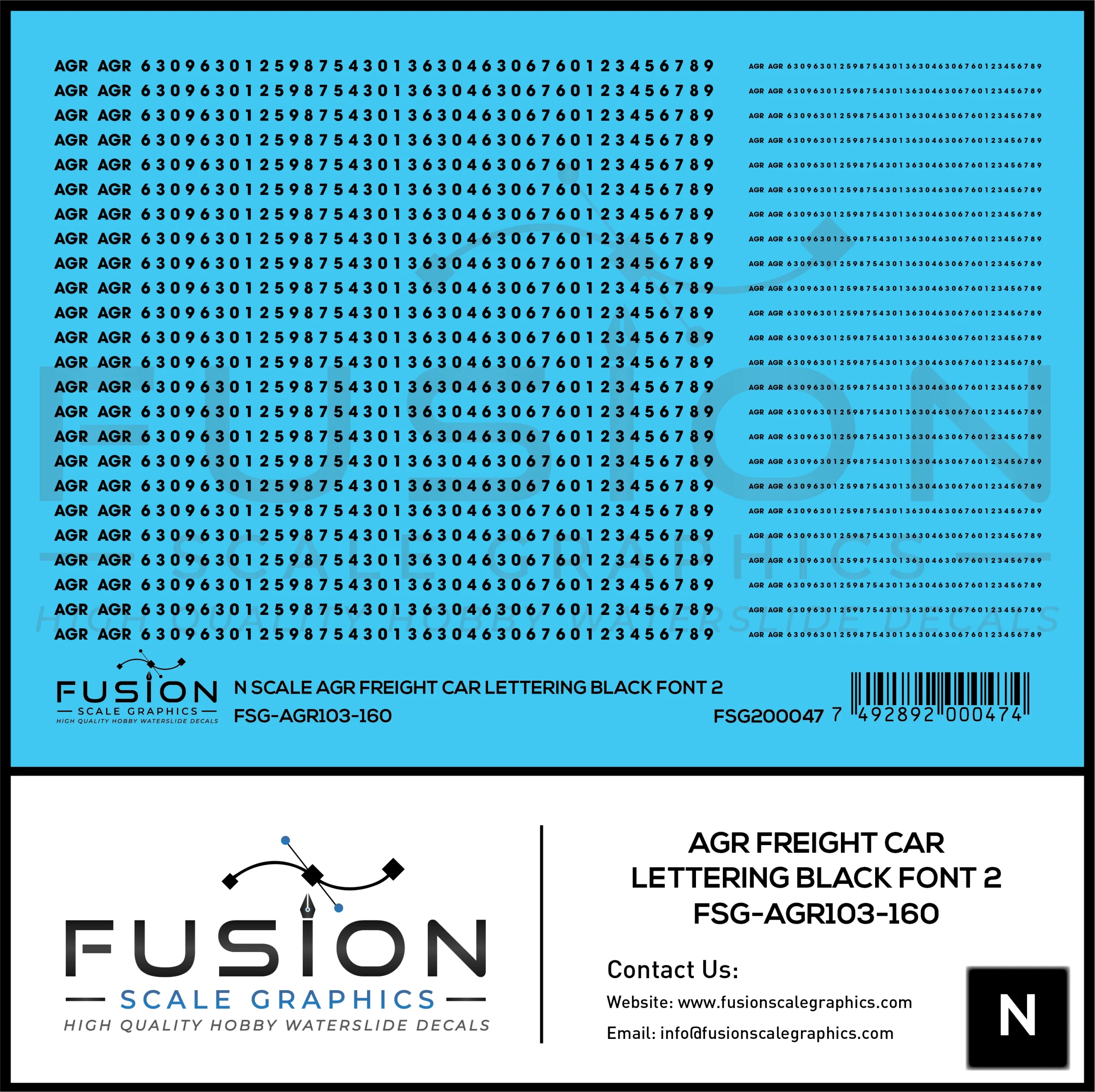 N Scale AGR Black Freight Car Lettering Decal Set Font 2 - Fusion Scale Graphics