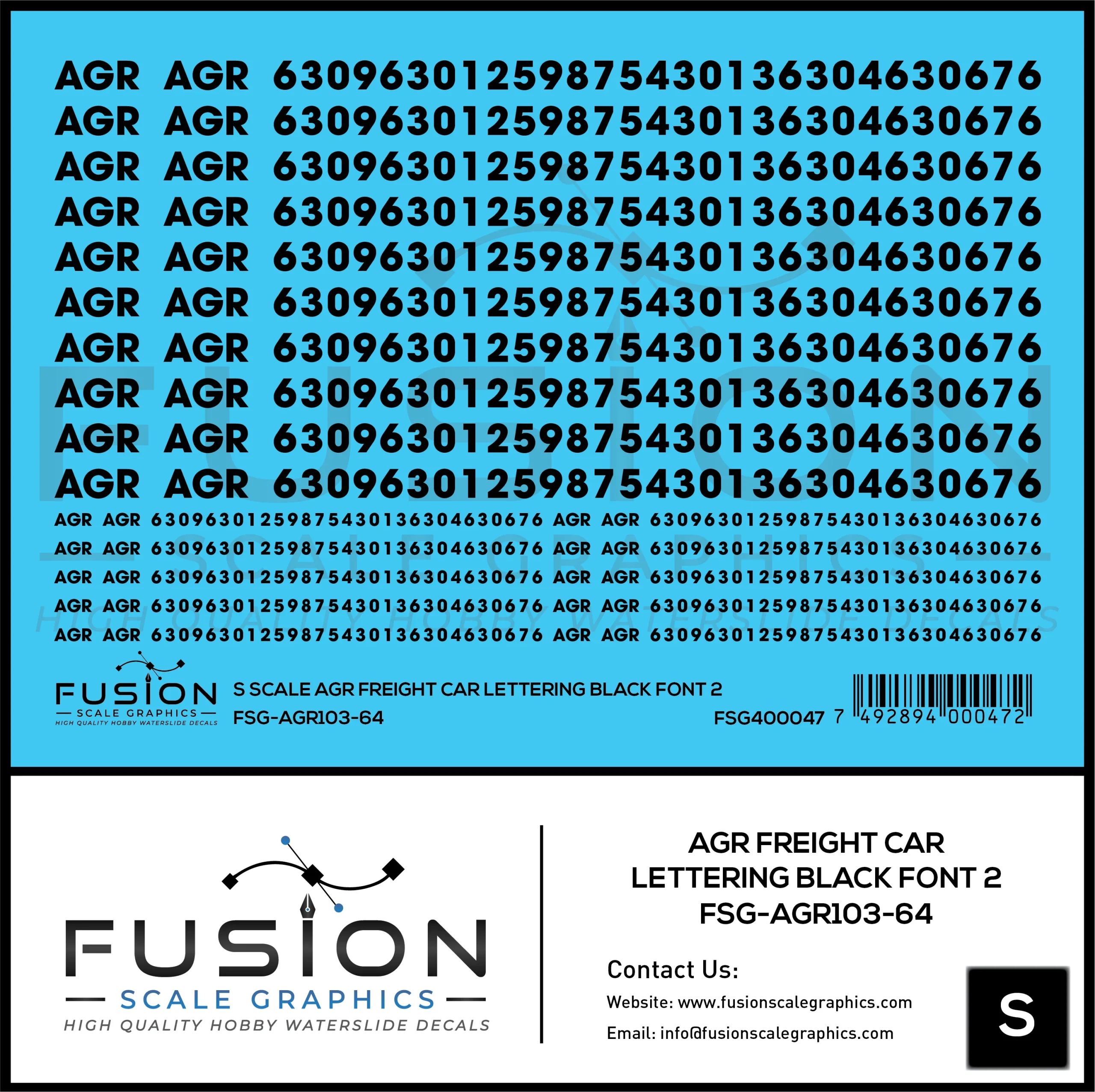 S Scale AGR Black Freight Car Lettering Decal Set Font 2 - Fusion Scale Graphics