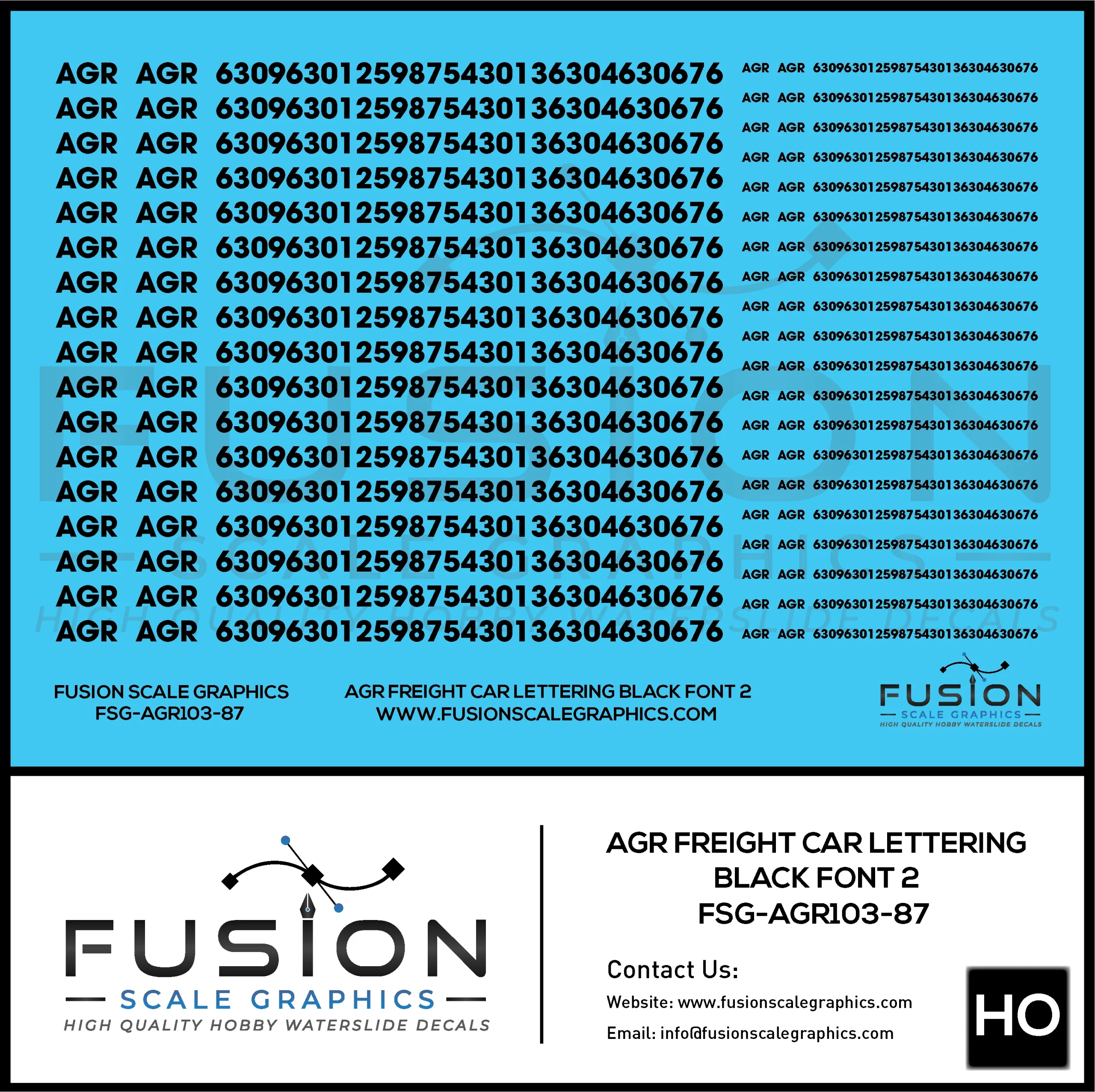 HO Scale AGR Black Freight Car Lettering Decal Set Font 2 - Fusion Scale Graphics