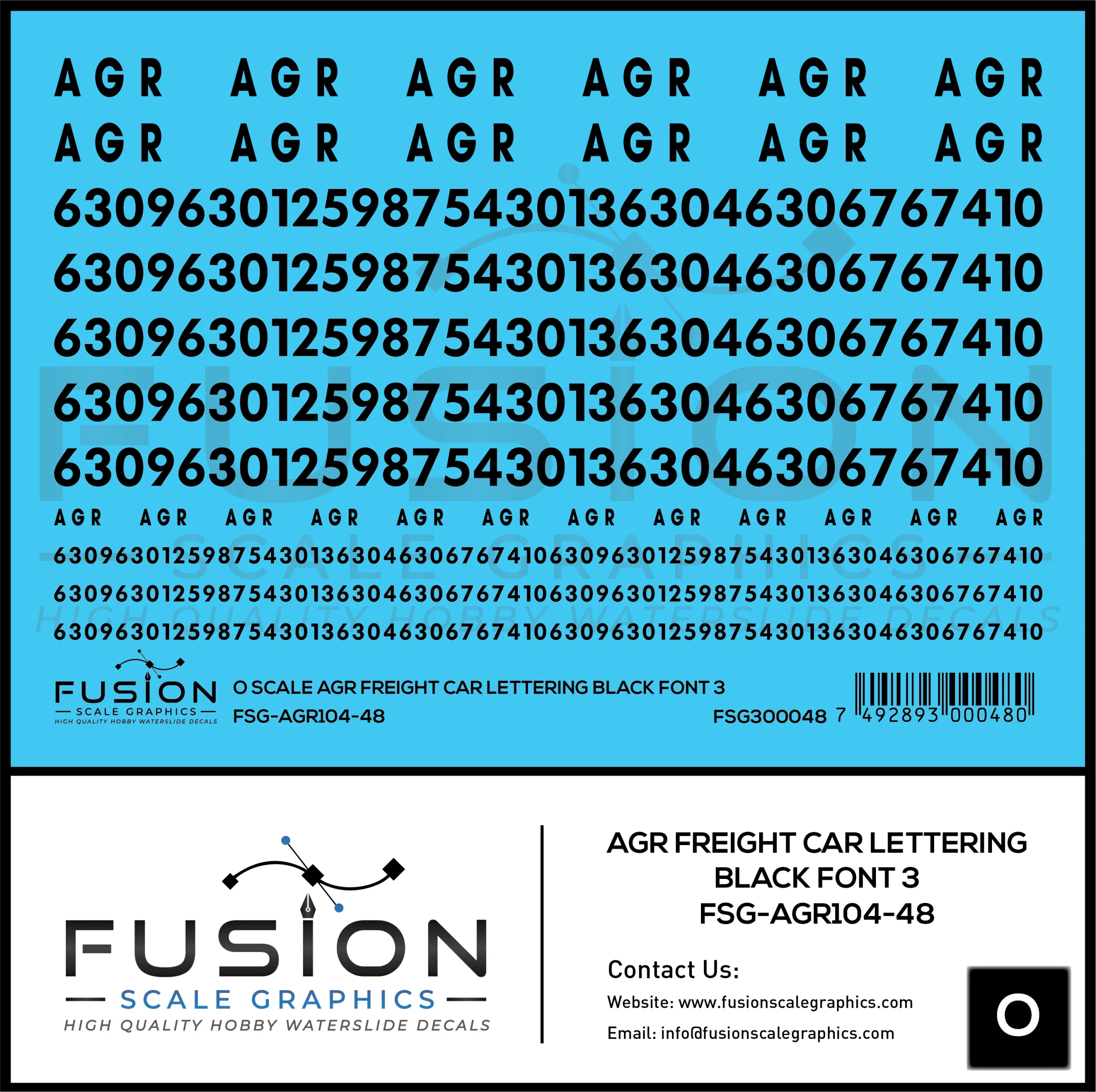 O Scale AGR Freight Car Black Freight Car Lettering Font 3 Decal Set - Fusion Scale Graphics