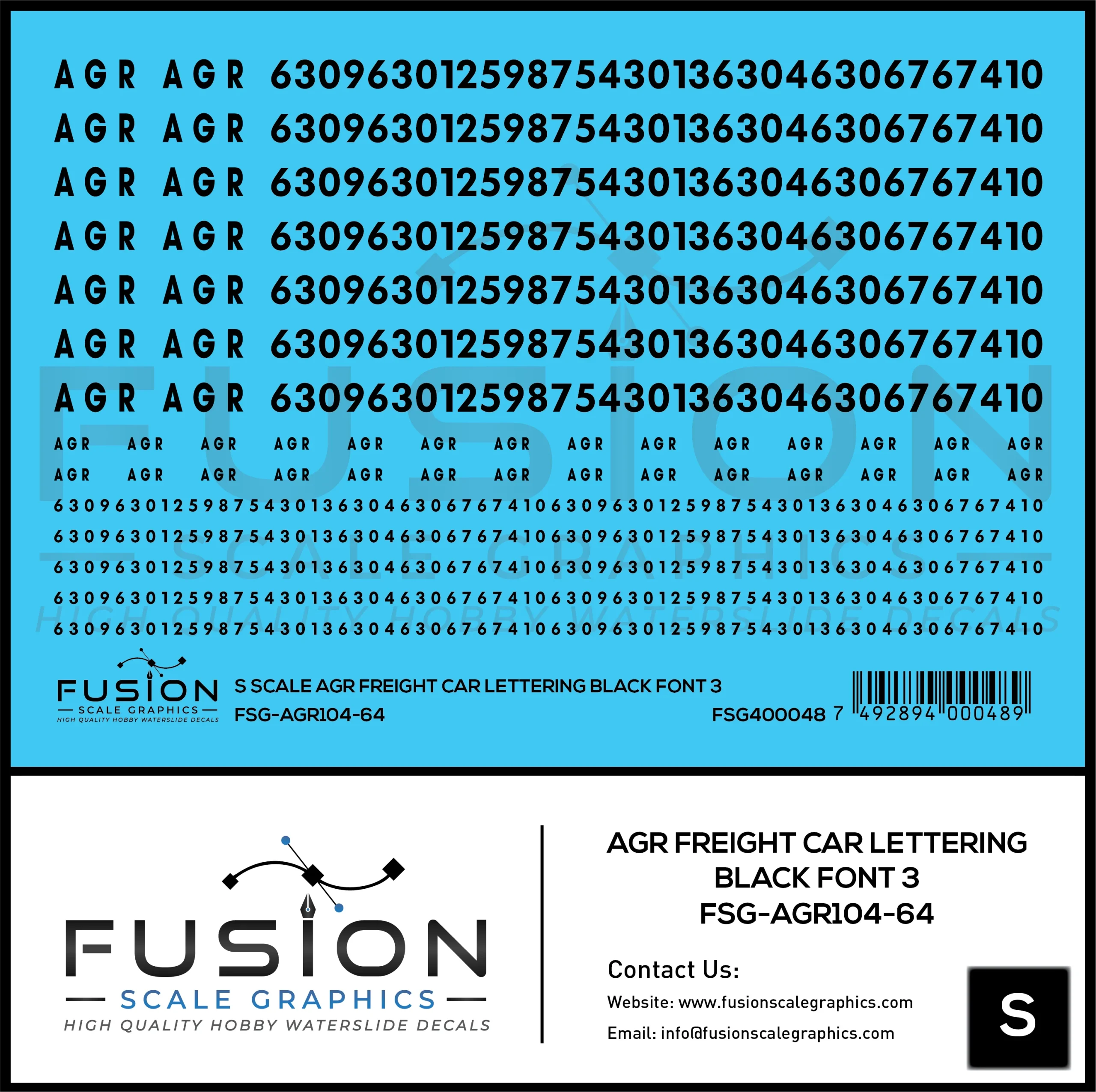 S Scale AGR Freight Car Black Freight Car Lettering Font 3 Decal Set - Fusion Scale Graphics