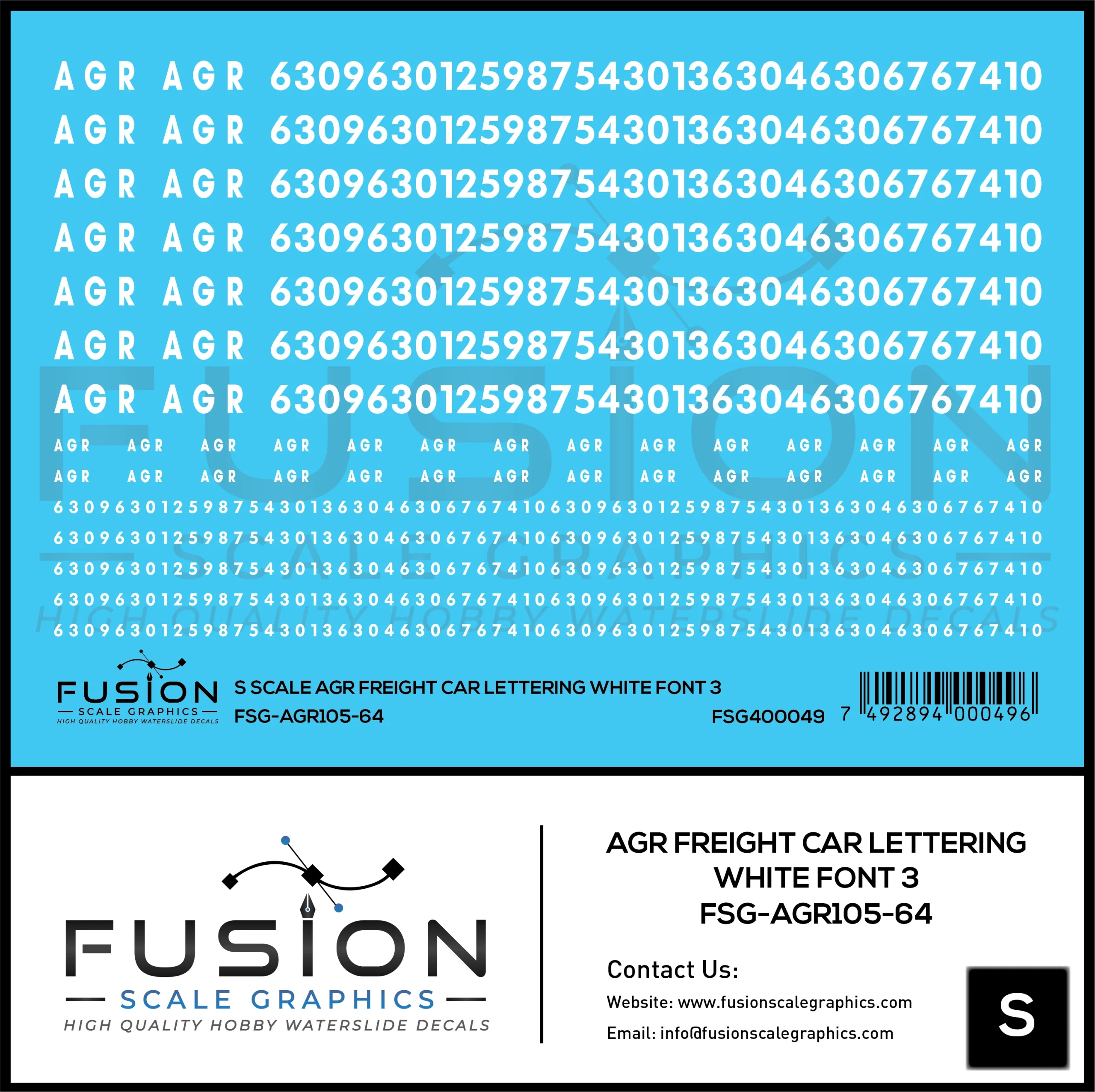 S Scale AGR Freight Car White Freight Car Lettering Font 3 Decal Set - Fusion Scale Graphics