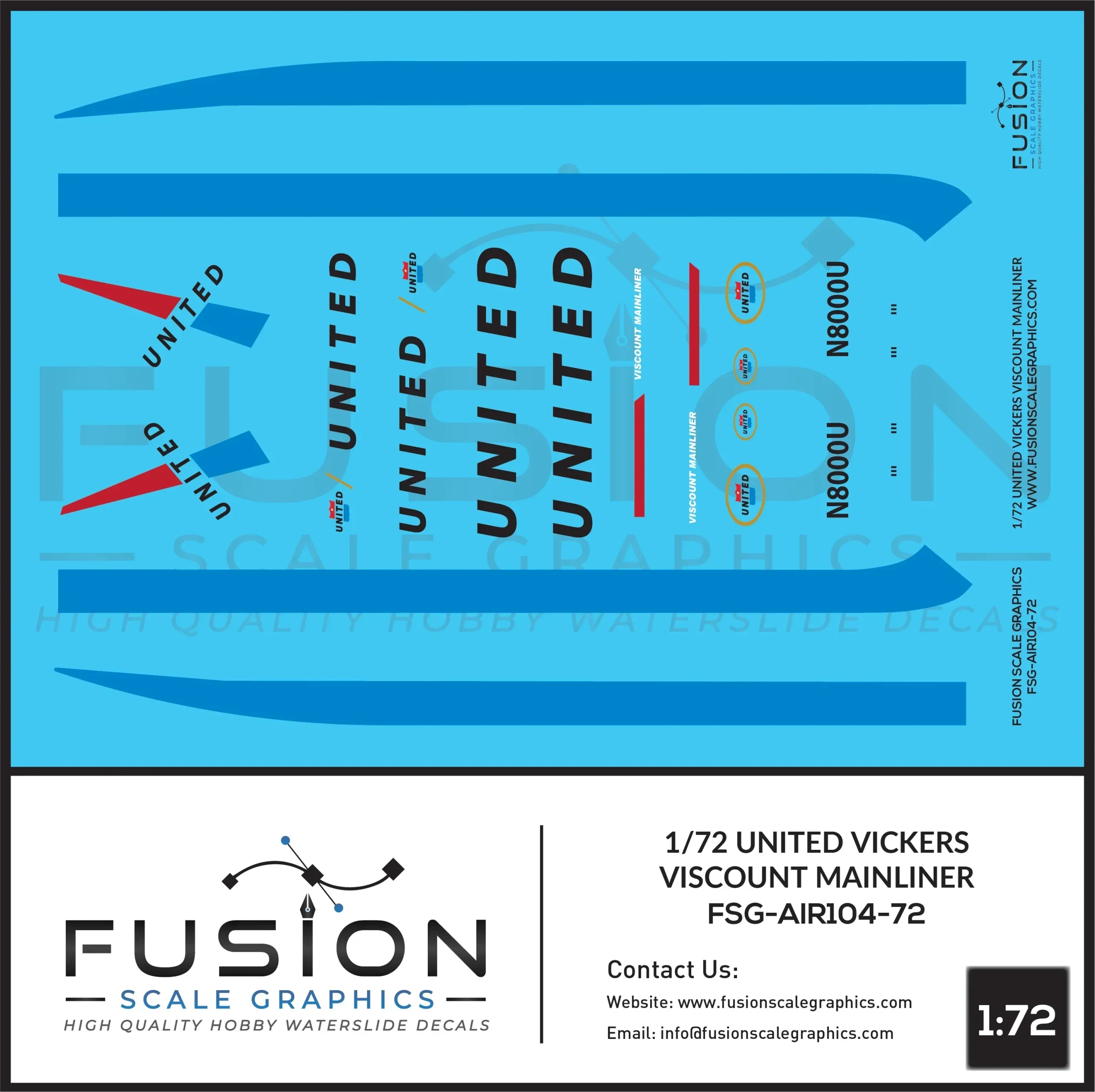 1/72 United Vickers Viscount Mainliner Aircraft Decal Set - Fusion Scale Graphics