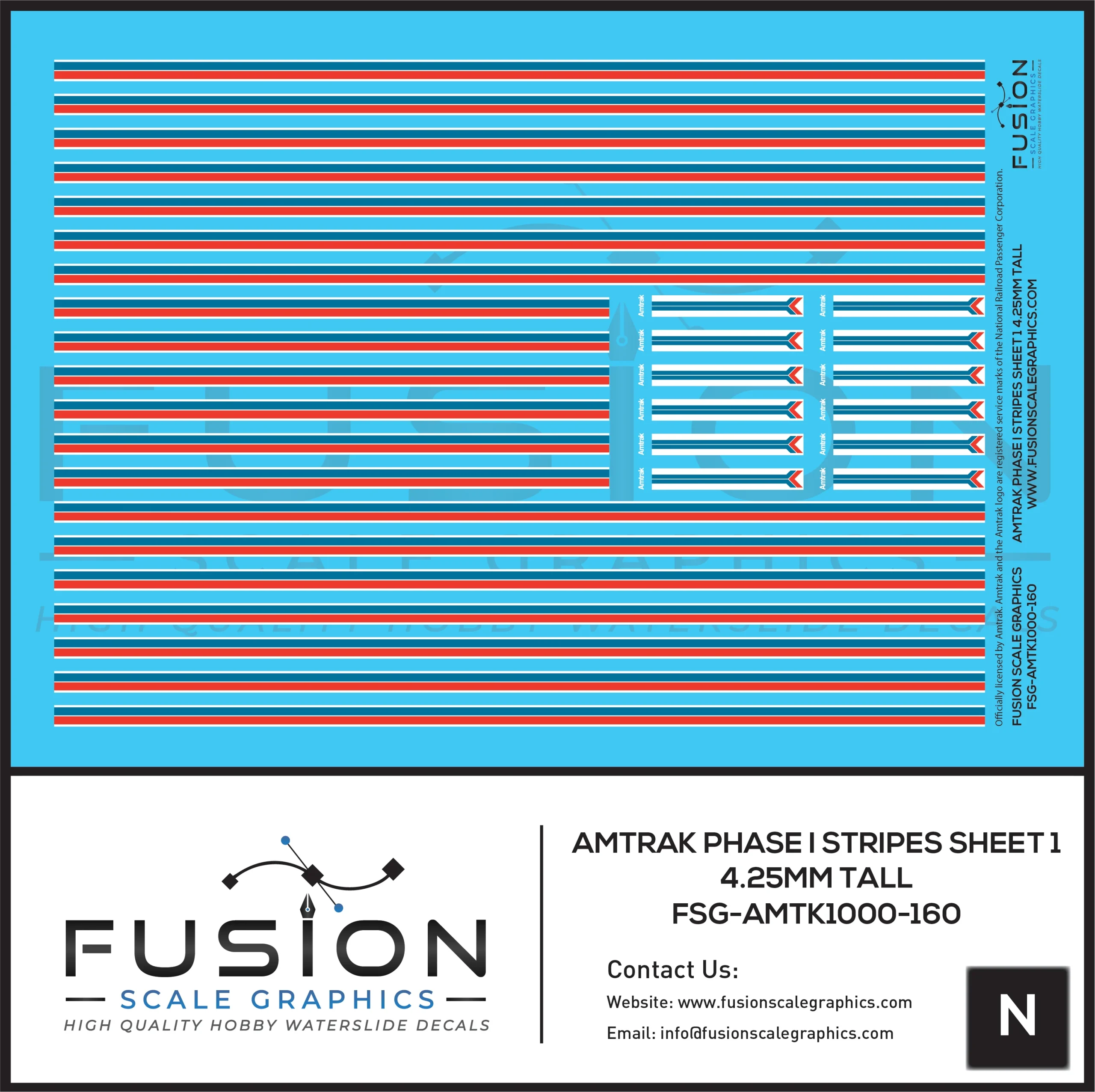 N Scale Amtrak Phase I Stripes Sheet 1 4.25mm Tall Decal Set - Fusion Scale Graphics