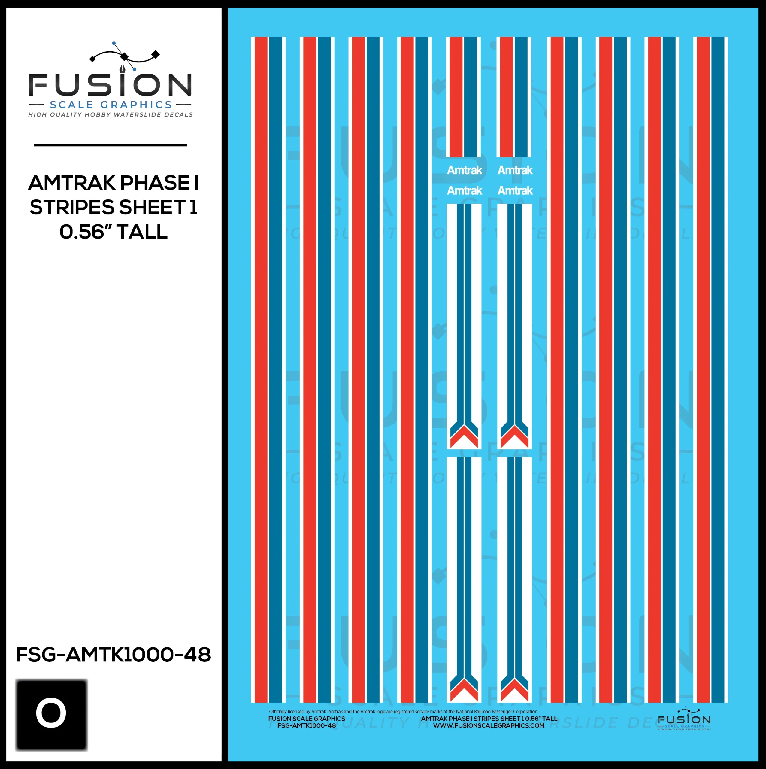 O Scale Amtrak Phase I Stripes Sheet 1 0.56” Tall Decal Set - Fusion Scale Graphics