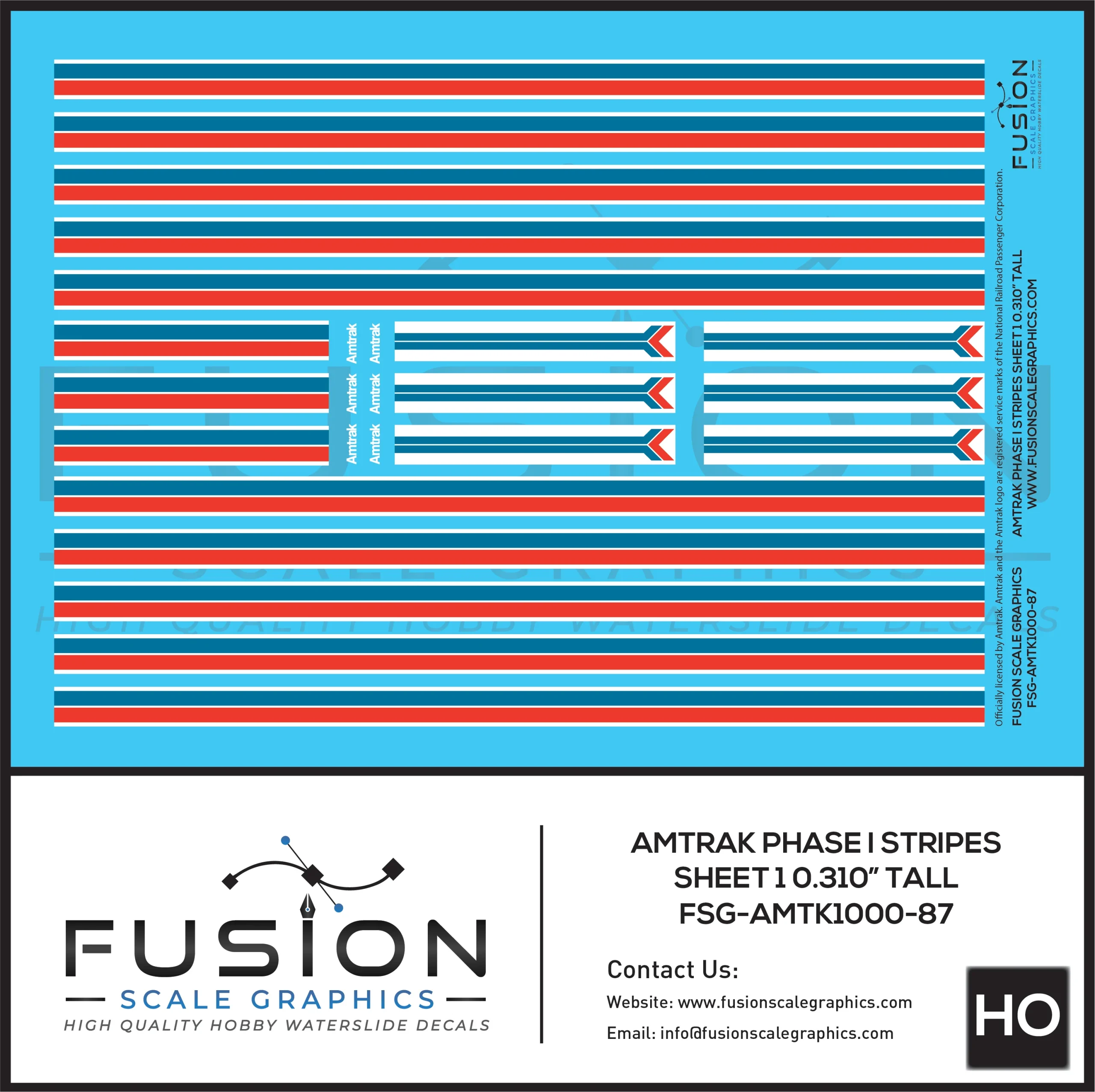 HO Scale Amtrak Phase I Stripes Sheet 1 0.310" Tall Decal Set - Fusion Scale Graphics