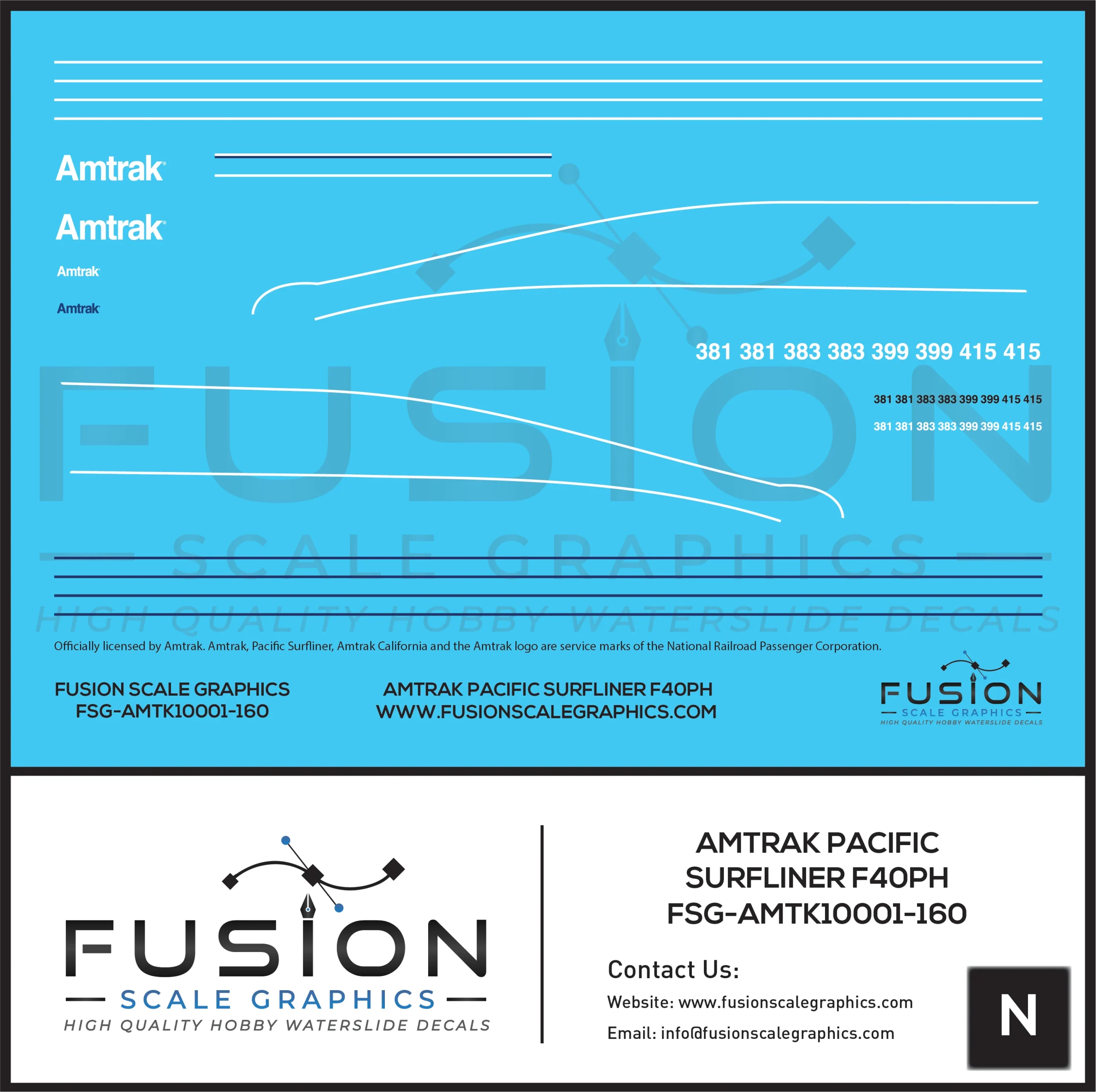 N Scale Amtrak Pacific Surfliner F40PH Locomotive Decal Set - Fusion Scale Graphics