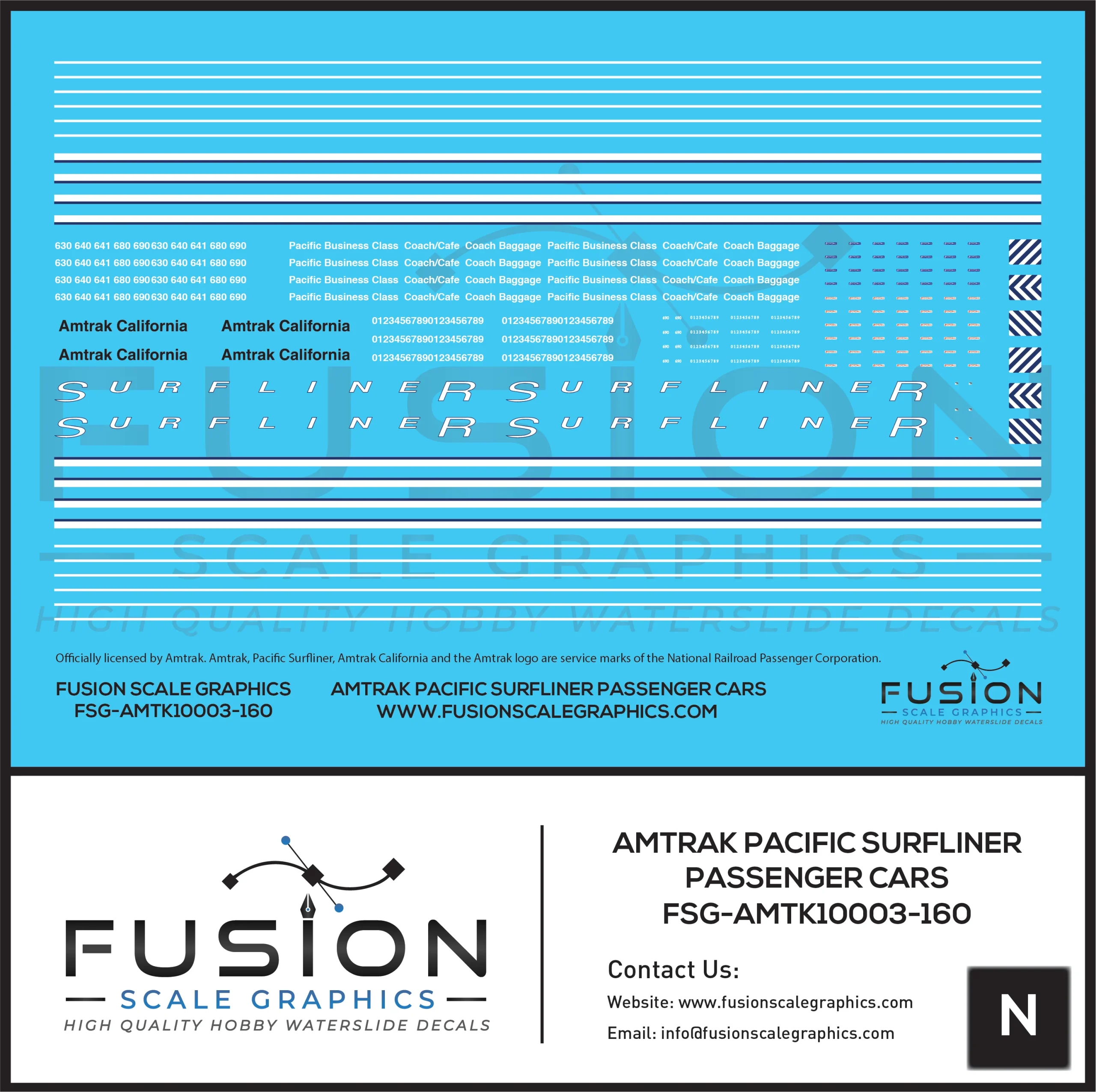 N Scale Amtrak Pacific Surfliner Passenger Cars Decal Set - Fusion Scale Graphics