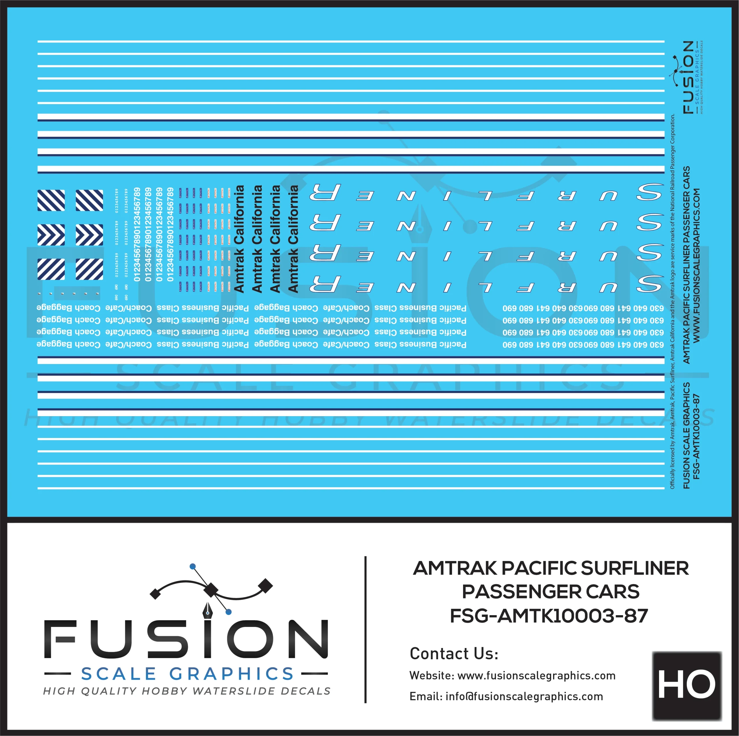 HO Scale Amtrak Pacific Surfliner Passenger Cars Decal Set - Fusion Scale Graphics