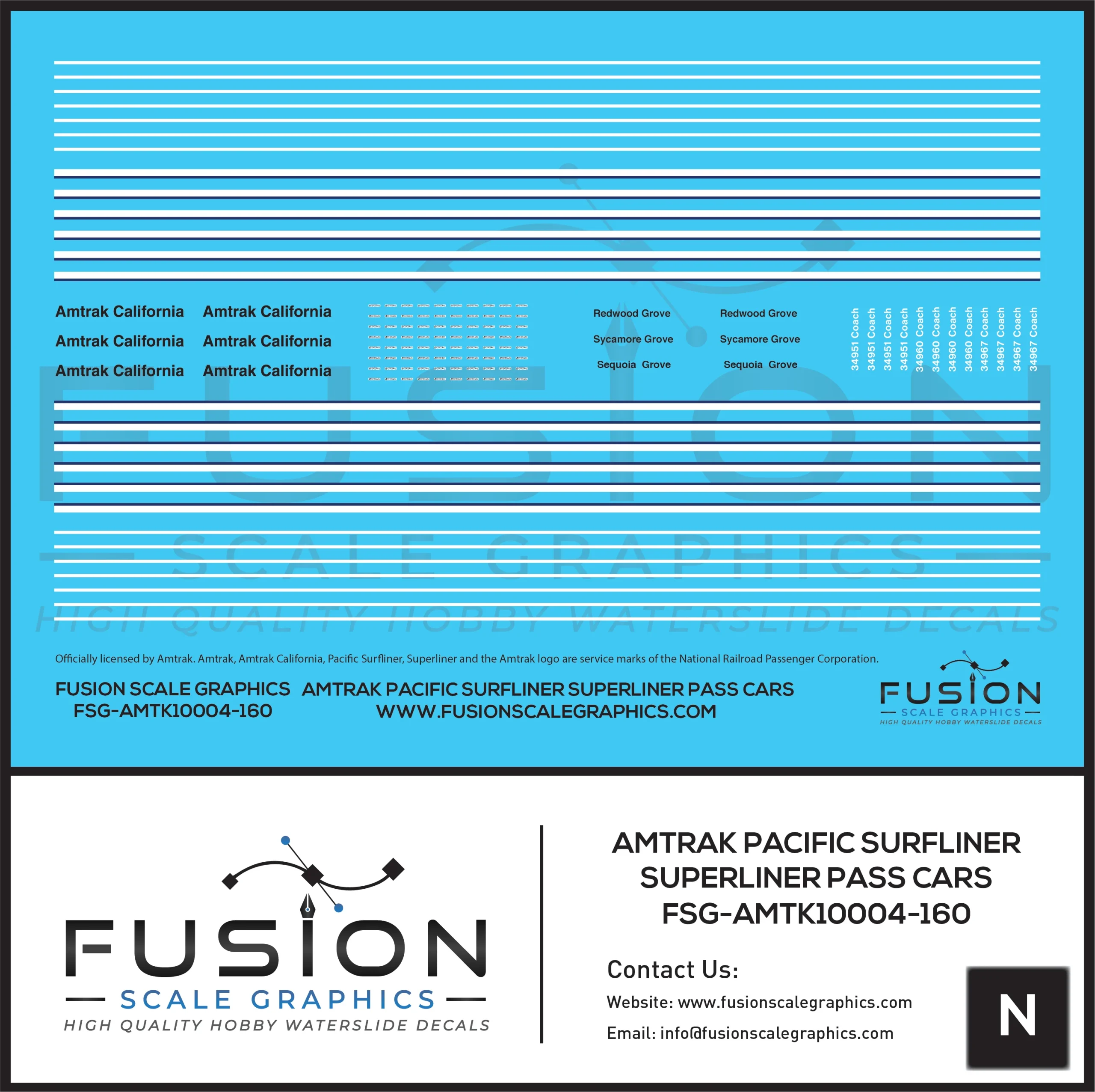 N Scale Amtrak Pacific Surfliner Superliner Passenger Cars Decal Set - Fusion Scale Graphics