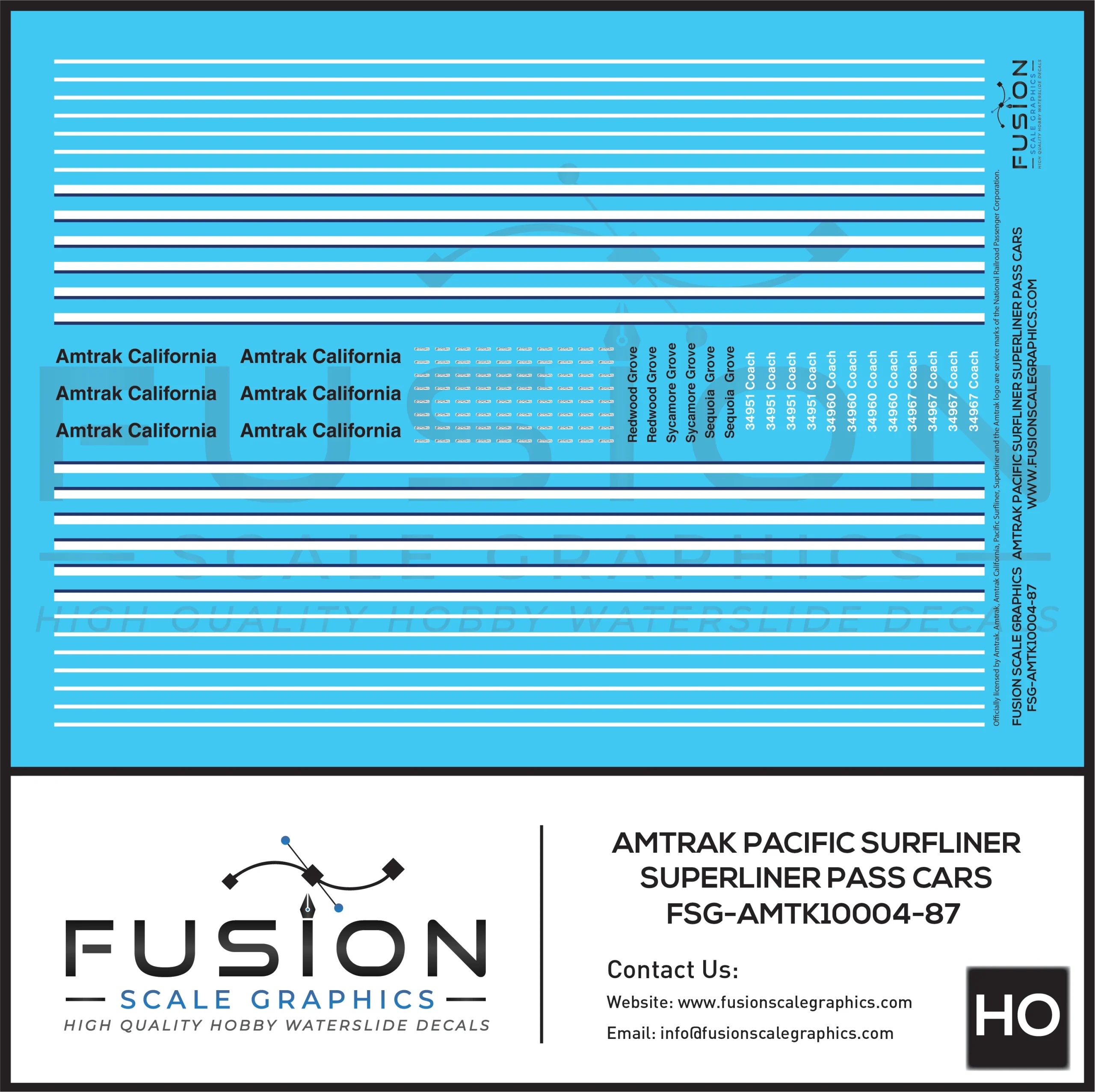 HO Scale Amtrak Pacific Surfliner Superliner Passenger Cars Decal Set - Fusion Scale Graphics