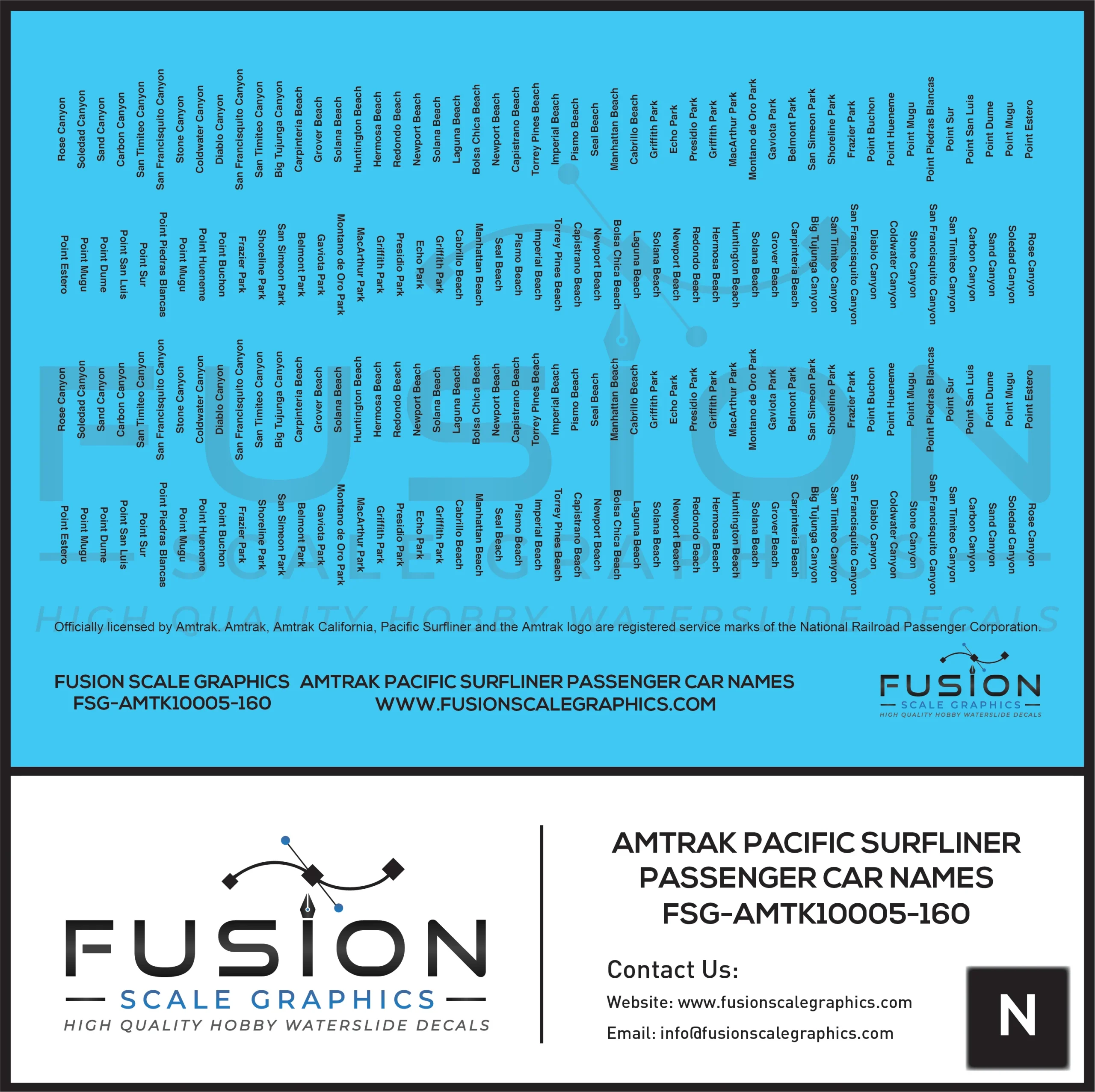 N Scale Amtrak Pacific Surfliner Passenger Car Names Decal Set - Fusion Scale Graphics
