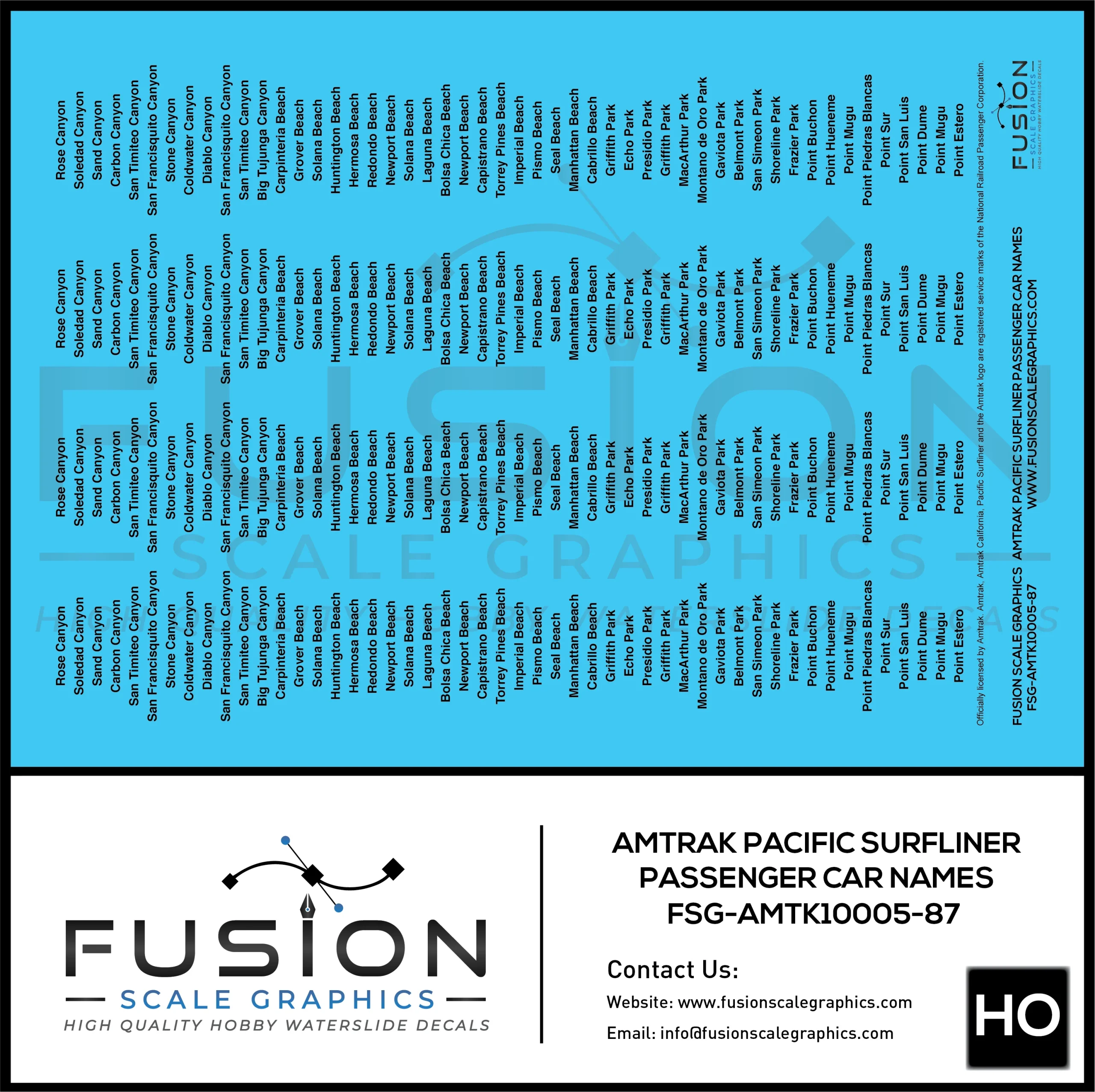 HO Scale Amtrak Pacific Surfliner Passenger Car Names Decal Set - Fusion Scale Graphics