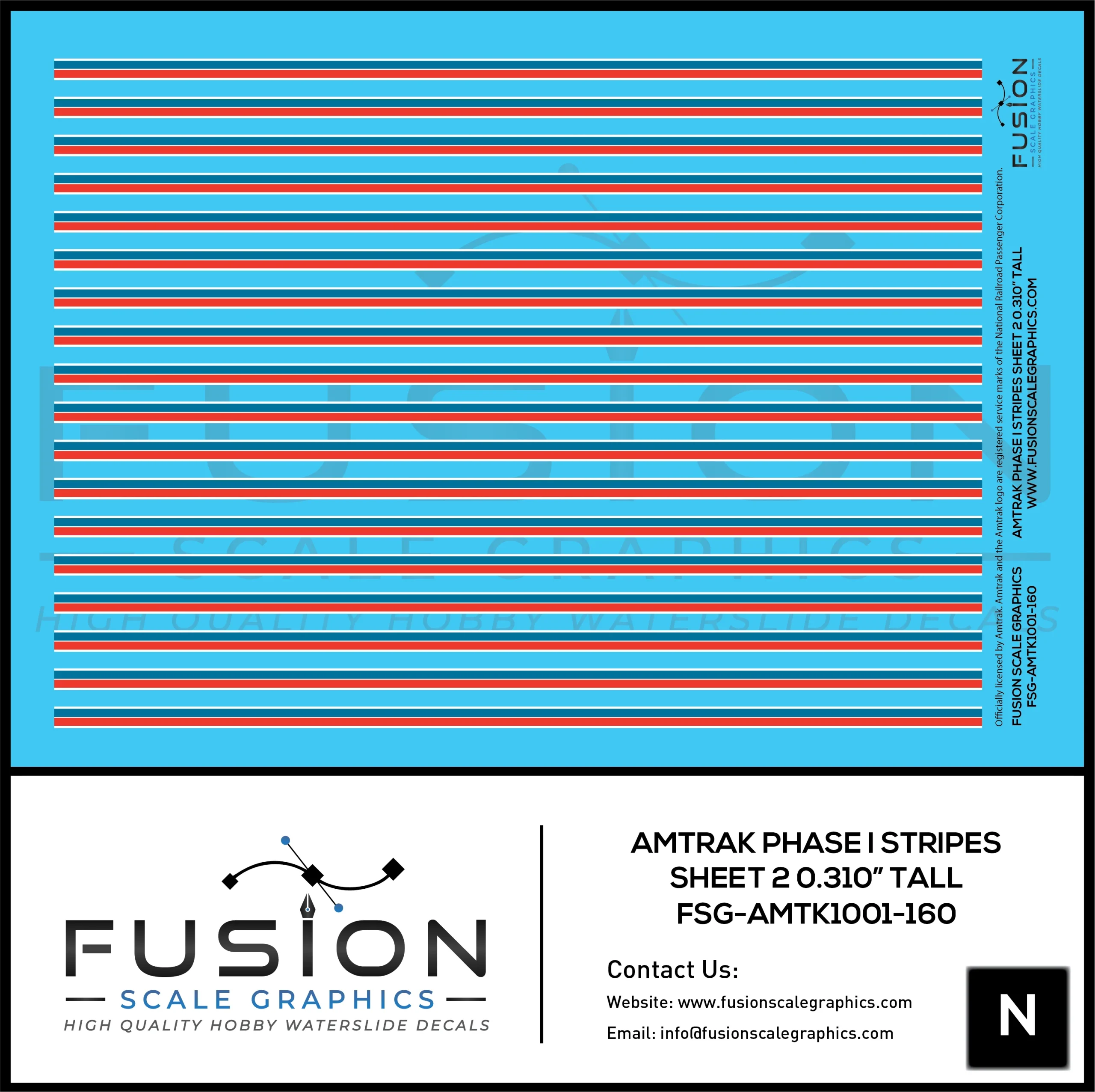 N Scale Amtrak Phase I Stripes Sheet 2 0.310" Tall Decal Set - Fusion Scale Graphics