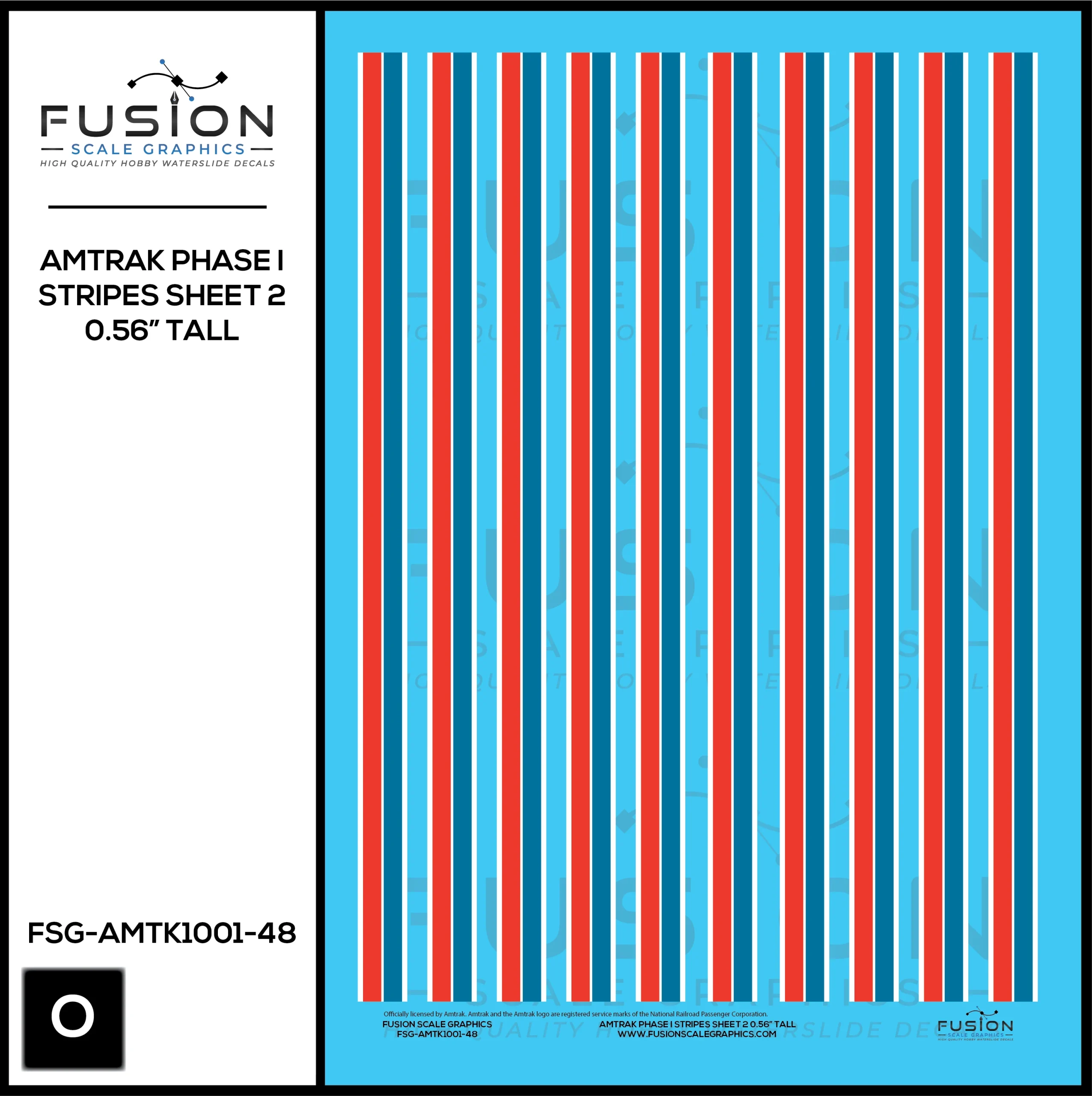 O Scale Amtrak Phase I Stripes Sheet 2 0.56” Tall Decal Set - Fusion Scale Graphics