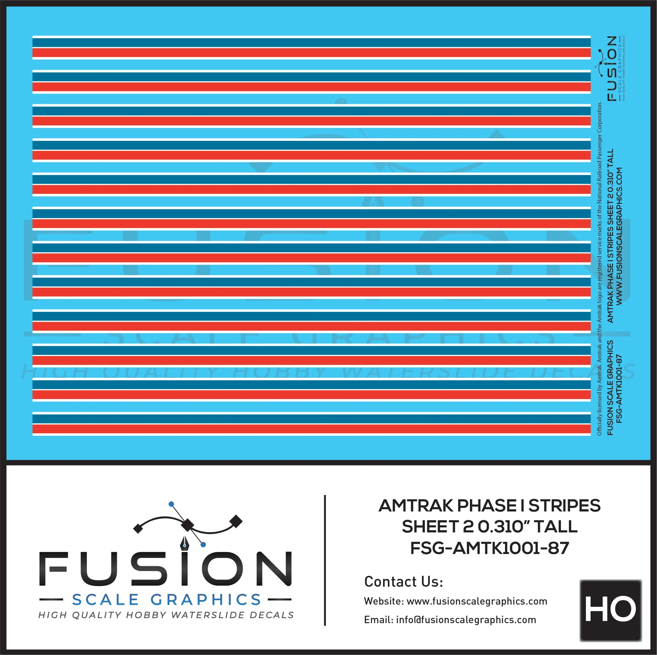 HO Scale Amtrak Phase I Stripes Sheet 2 0.310" Tall Decal Set - Fusion Scale Graphics