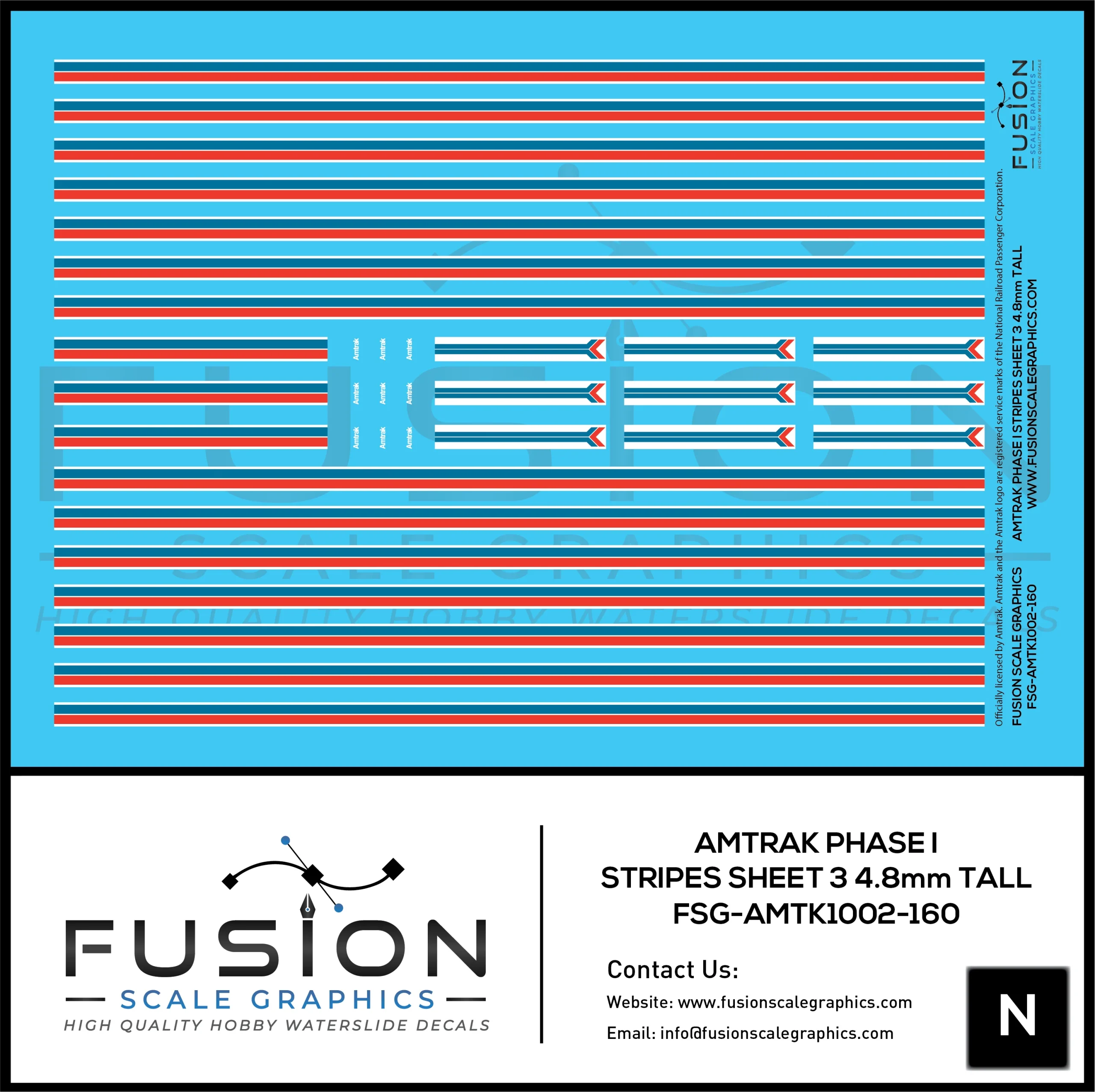 N Scale Amtrak Phase I Stripes Sheet 3 4.8 Tall Decal Set - Fusion Scale Graphics