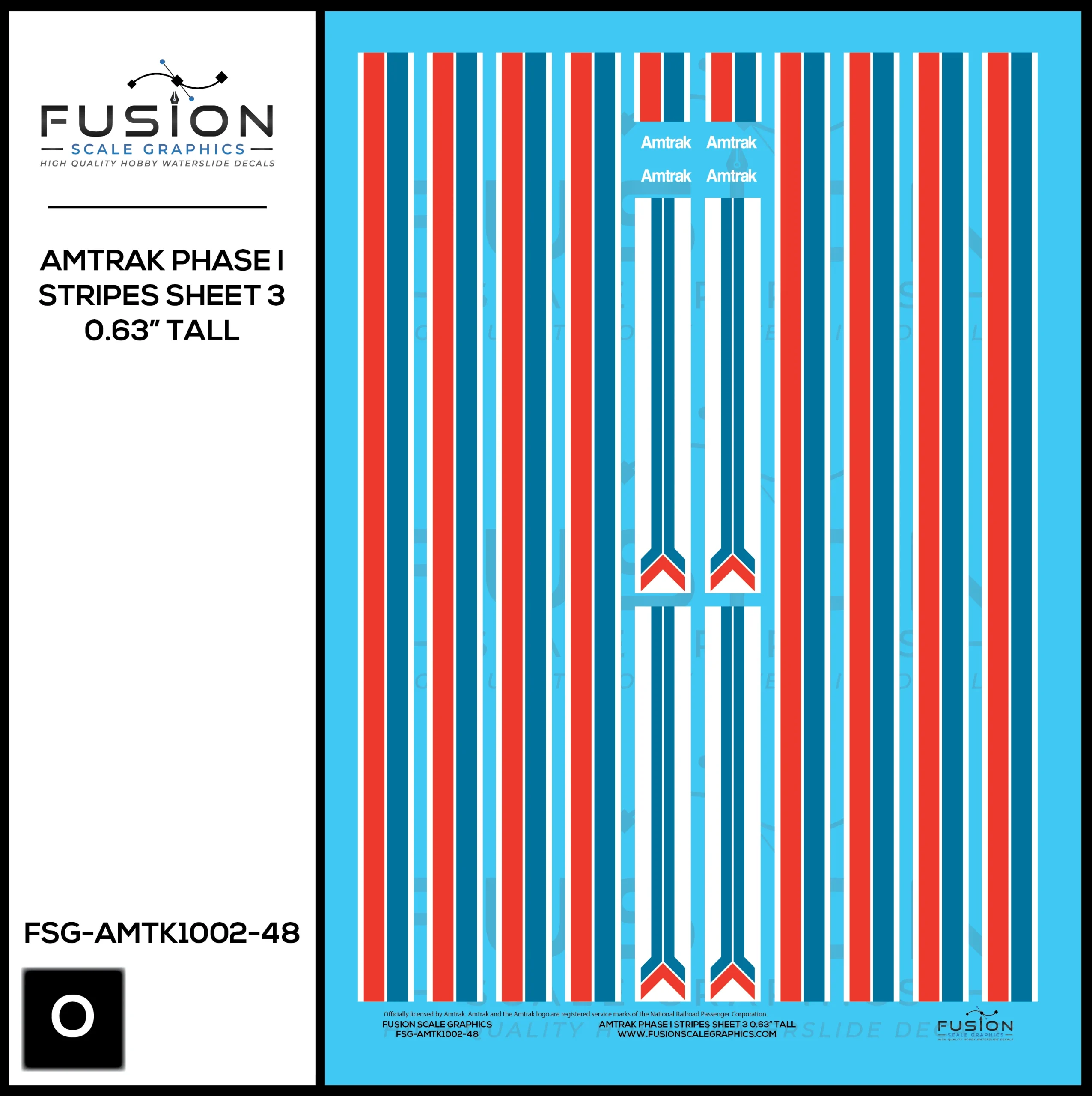 O Scale Amtrak Phase I Stripes Sheet 3 0.63” Tall Decal Set - Fusion Scale Graphics