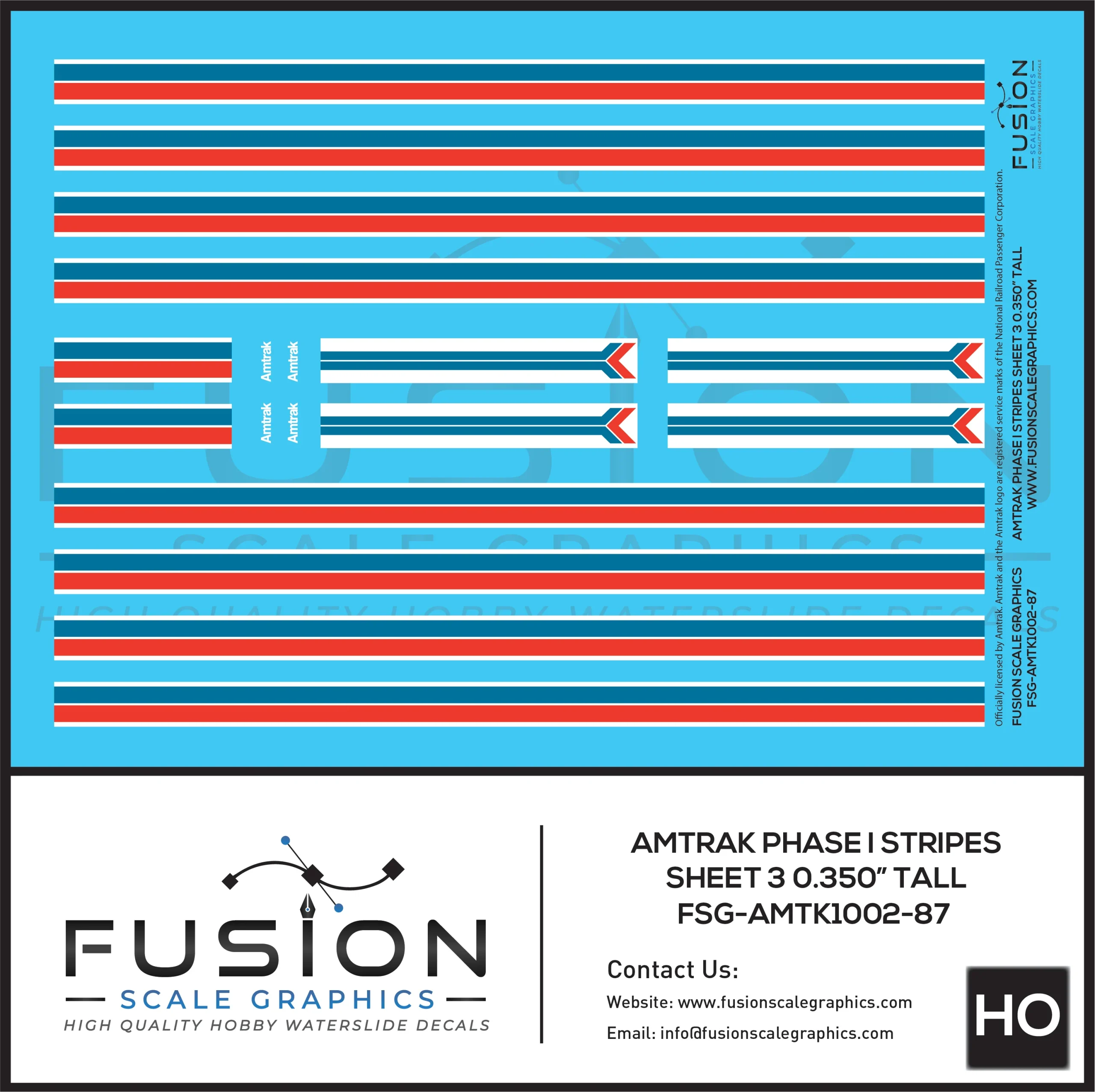 HO Scale Amtrak Phase I Stripes Sheet 3 0.350" Tall Decal Set - Fusion Scale Graphics