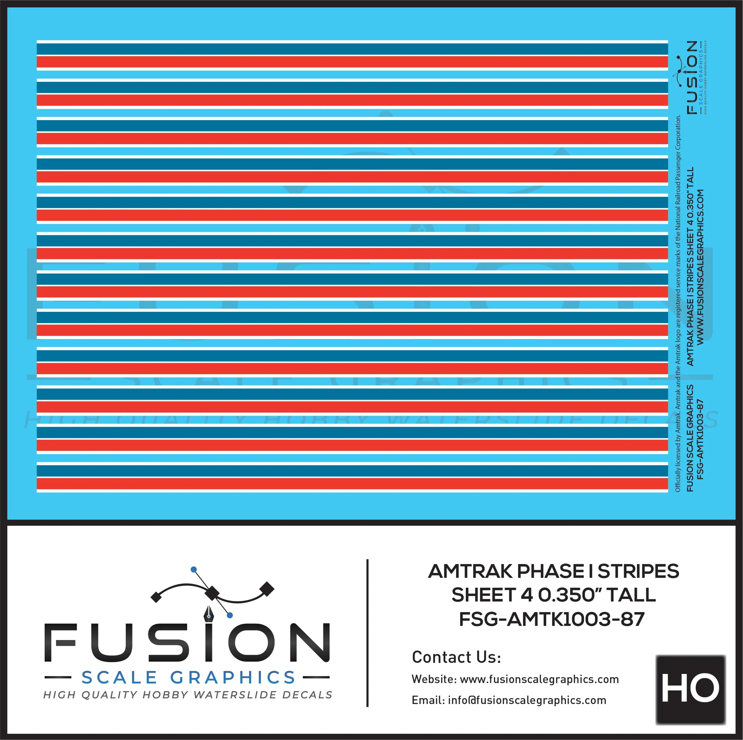 HO Scale Amtrak Phase I Stripes Sheet 4 0.350" Tall Decal Set - Fusion Scale Graphics