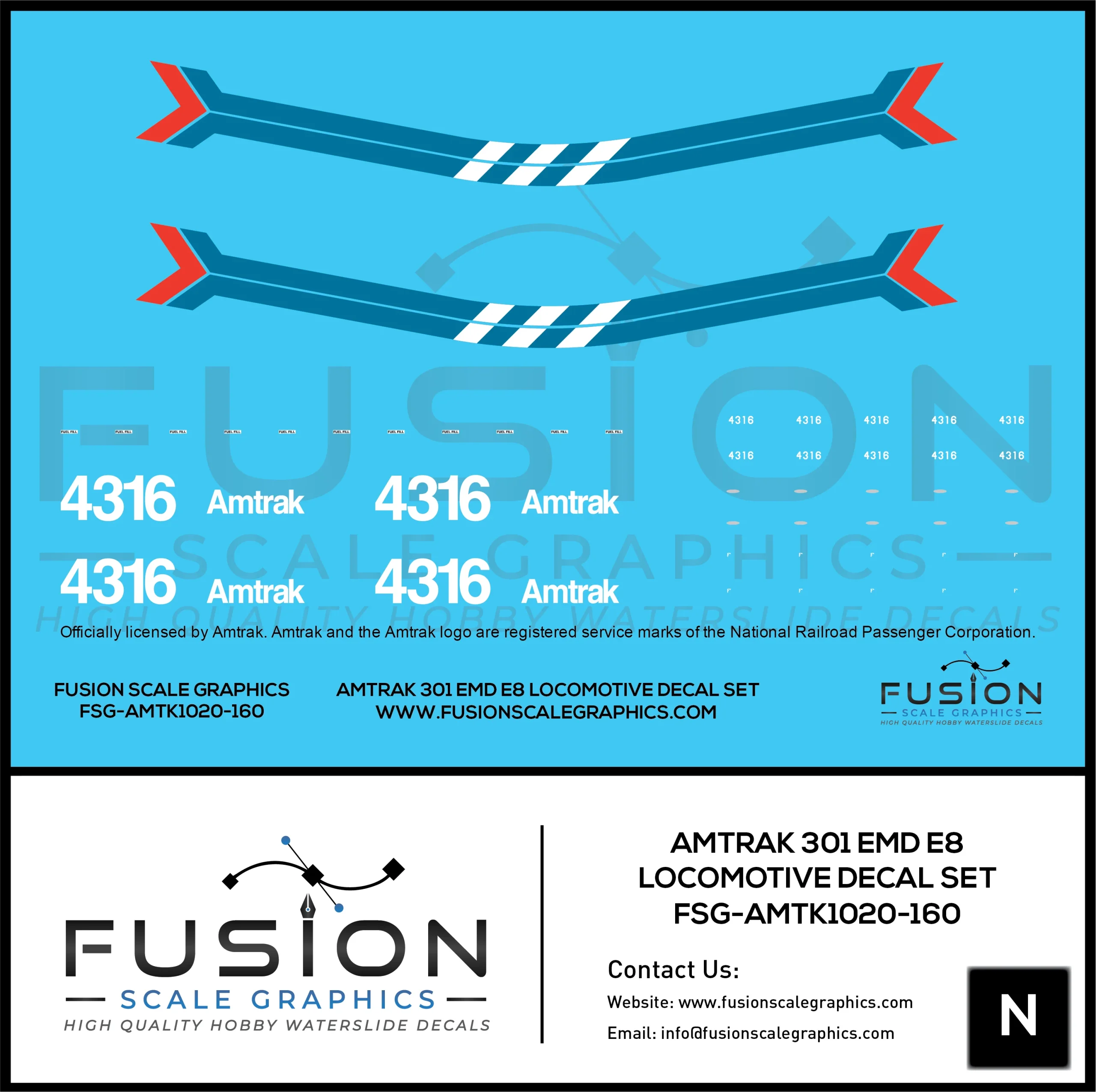 N Scale Amtrak 301 EMD E8 Locomotive Decal Set - Fusion Scale Graphics