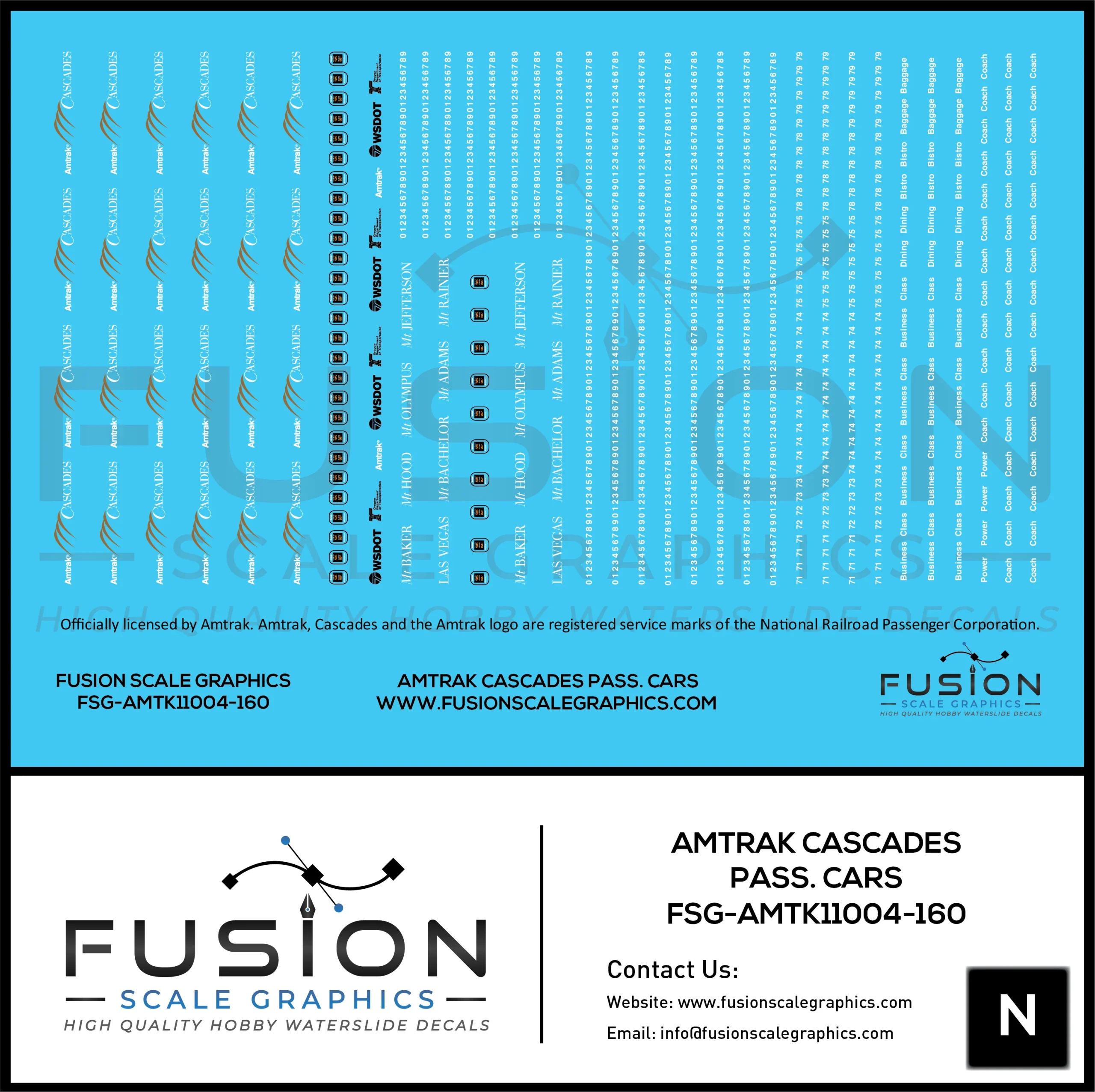 N Scale Amtrak Cascades Passenger Cars Decal Set - Fusion Scale Graphics