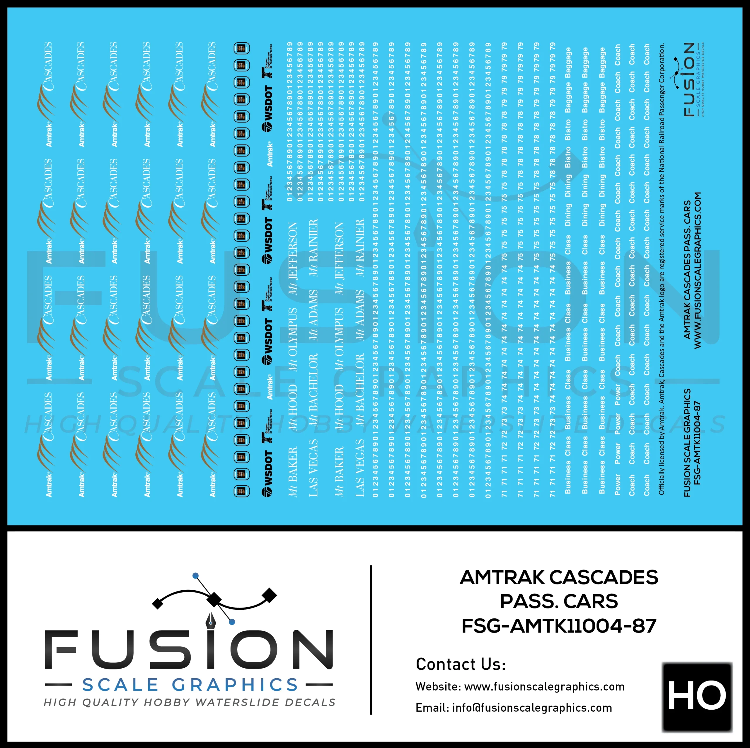 HO Scale Amtrak Cascades Passenger Cars Decal Set - Fusion Scale Graphics