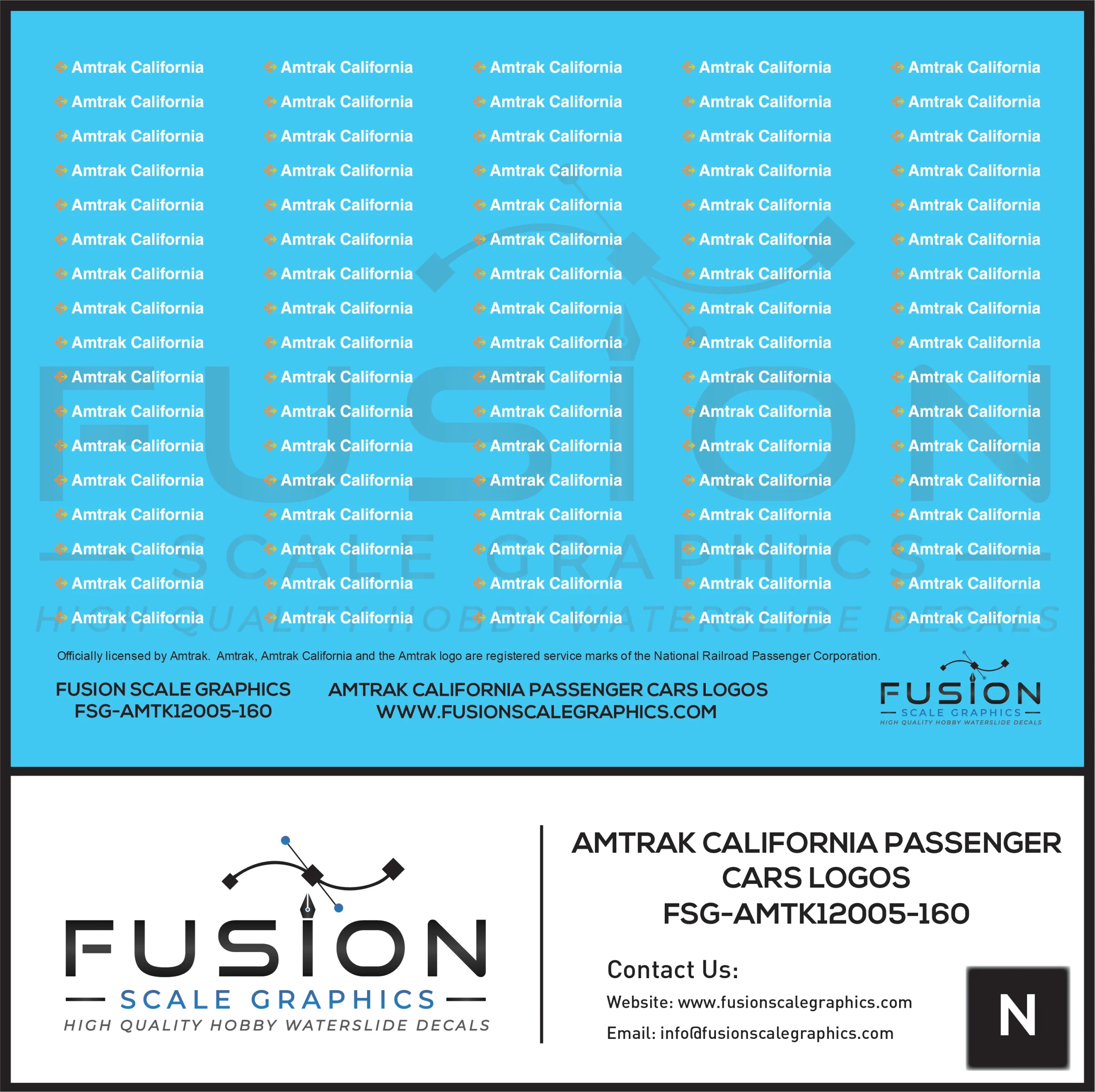 N Scale Amtrak California Passenger Car Logos Decal Set - Fusion Scale Graphics