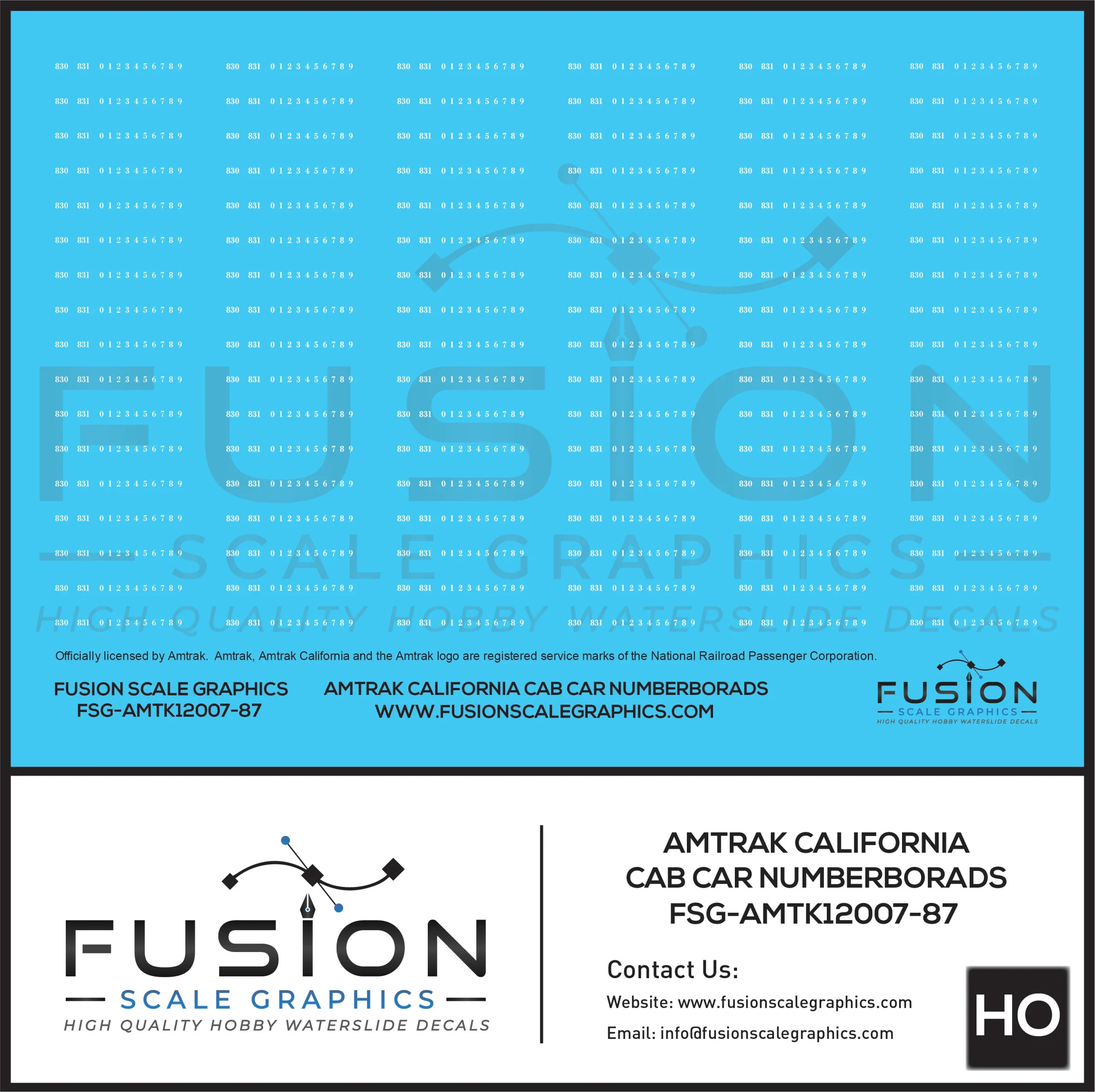 HO Scale Amtrak California Passenger Car End CabCar Numberboard Numbers Decal Set - Fusion Scale Graphics