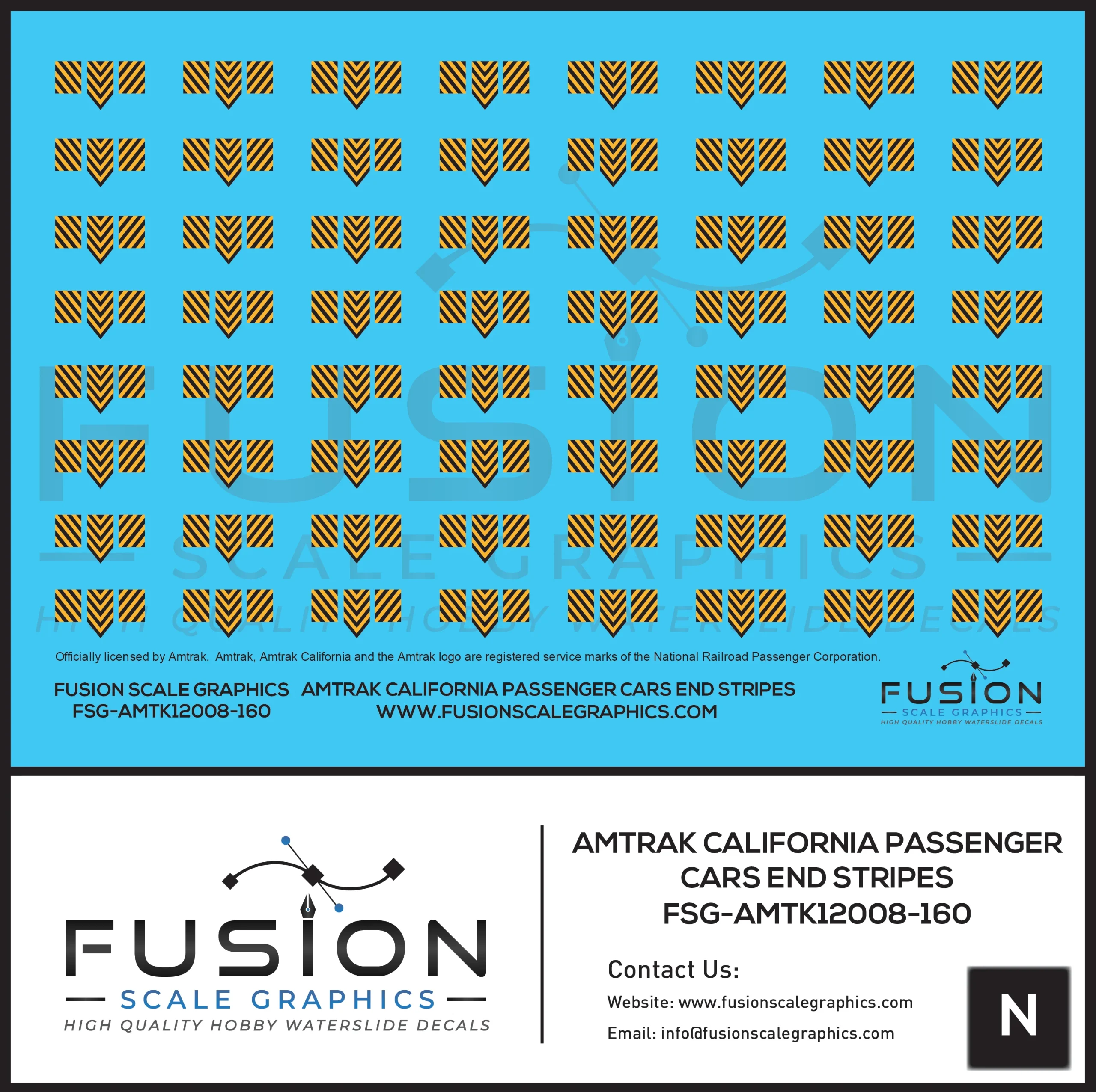 N Scale Amtrak California Passenger Car End CabCar Stripes Yellow Striping Decal Set - Fusion Scale Graphics