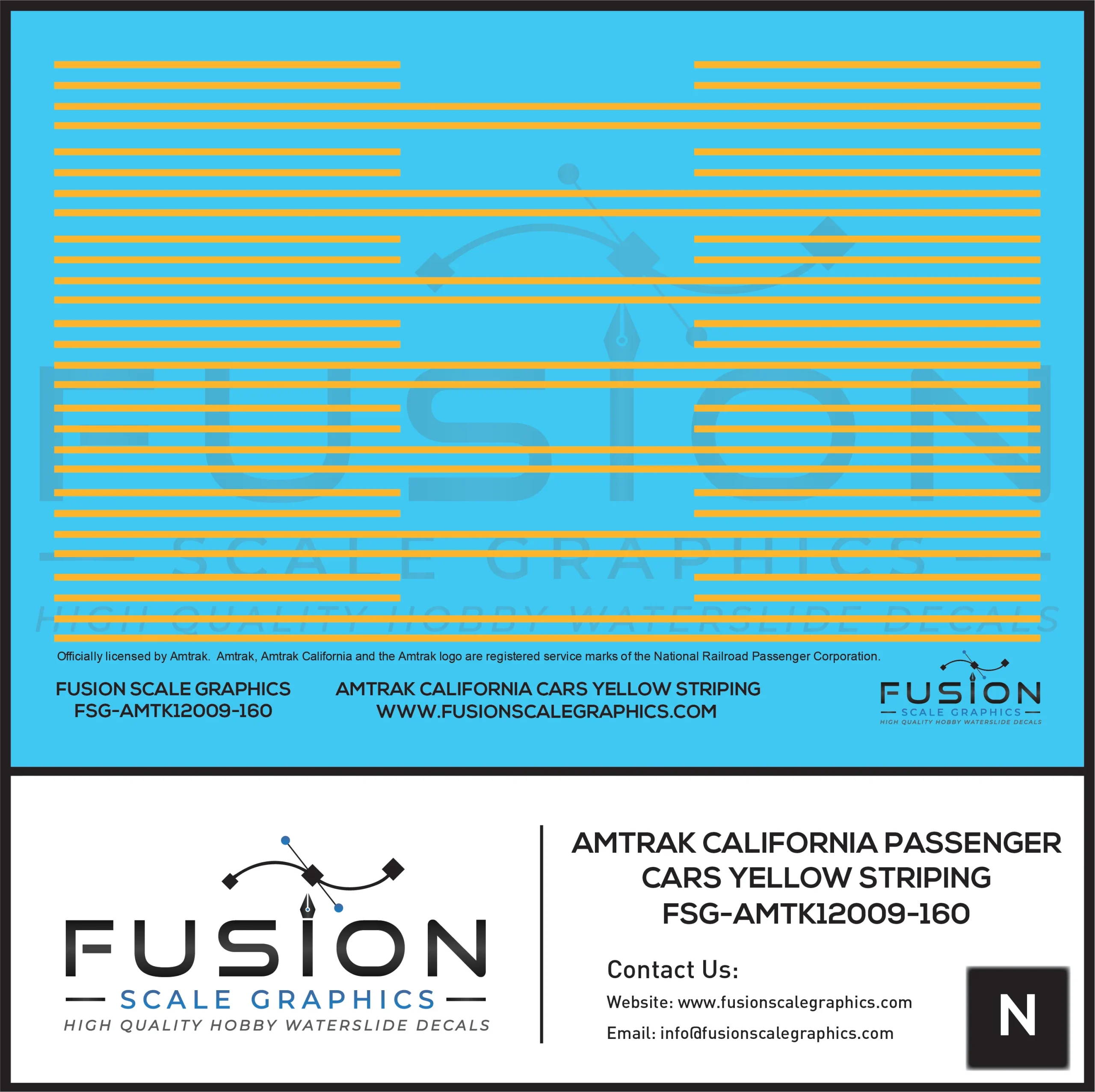 N Scale Amtrak California Passenger Car Yellow Striping Decal Set - Fusion Scale Graphics