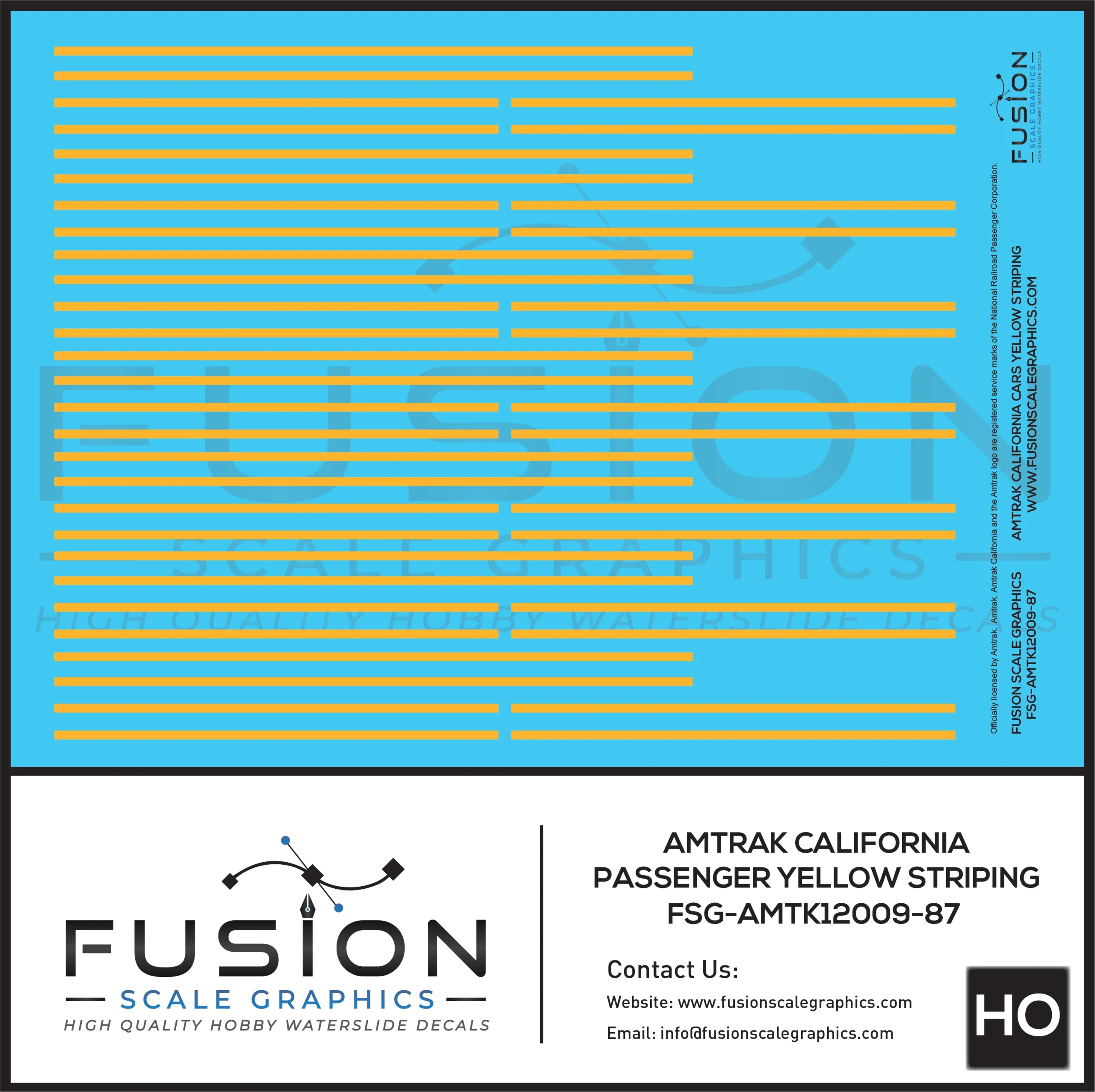 HO Scale Amtrak California Passenger Car Yellow Striping Decal Set - Fusion Scale Graphics