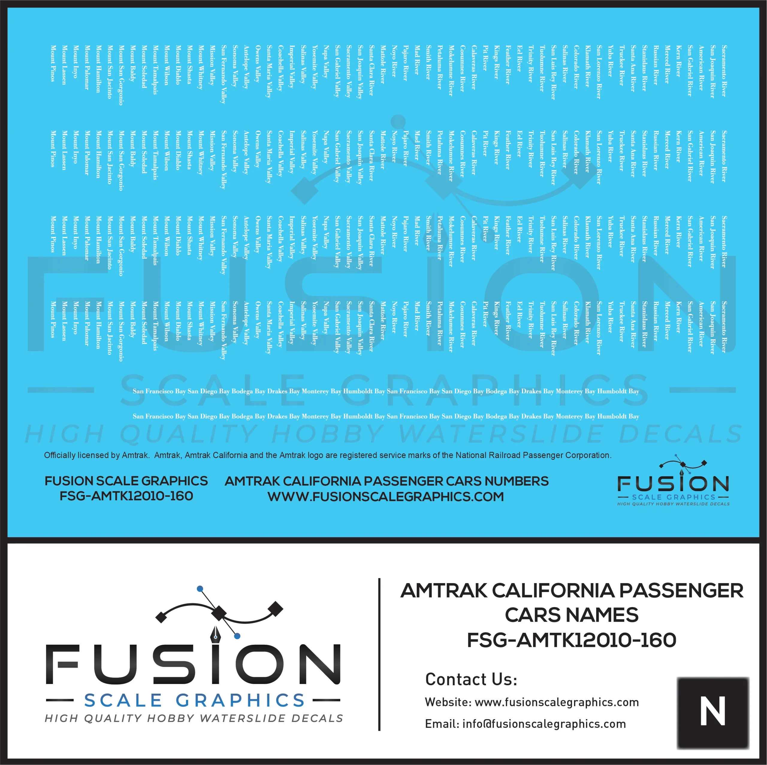N Scale Amtrak California Passenger Car Names Decal Set - Fusion Scale Graphics