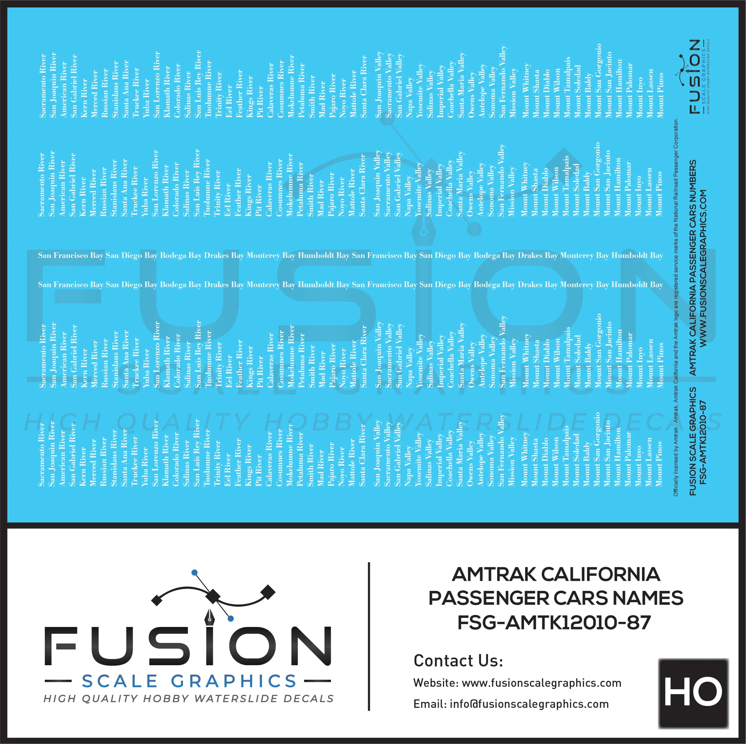 HO Scale Amtrak California Passenger Car Names Decal Set - Fusion Scale Graphics