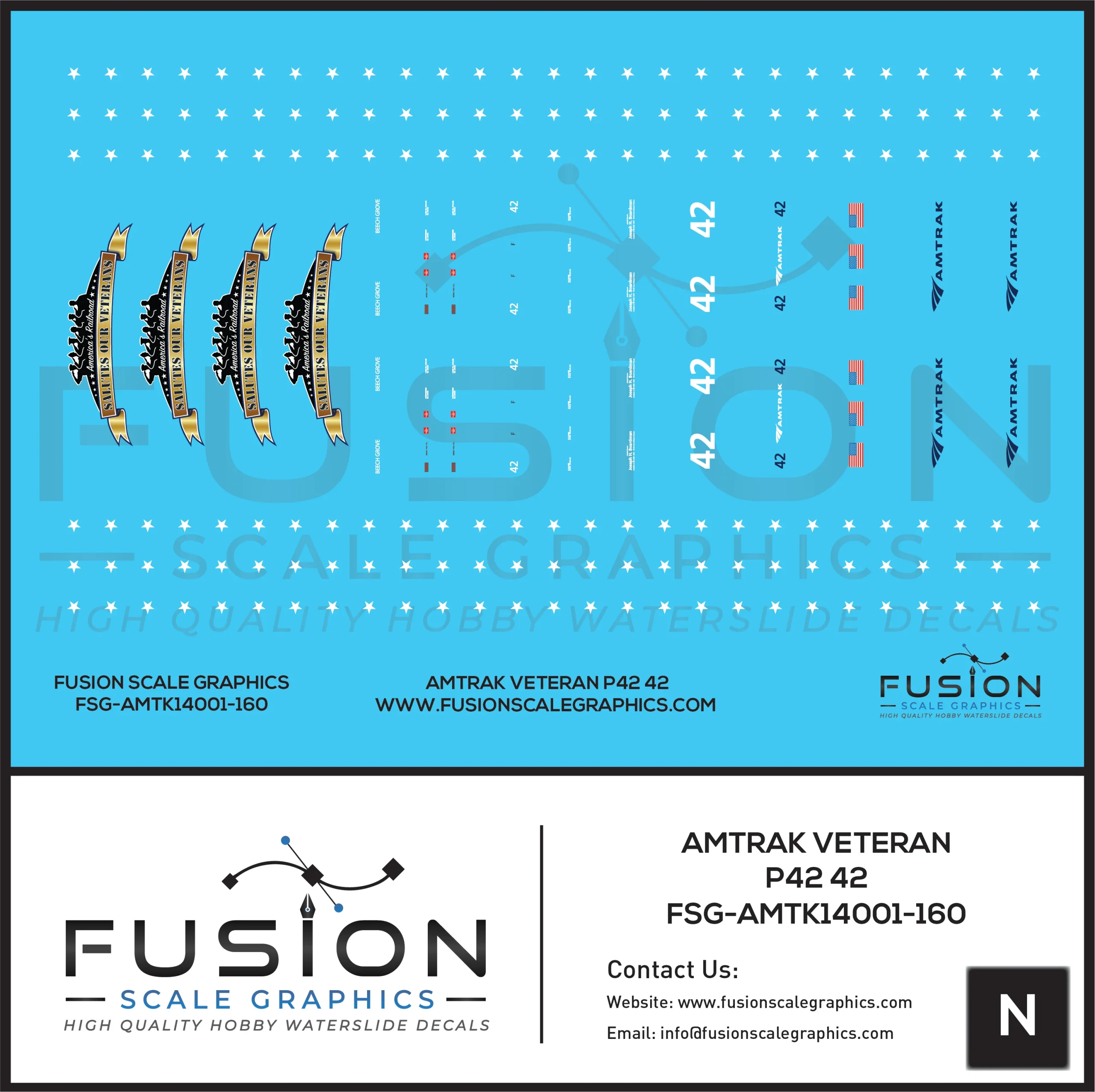 N Scale Amtrak GE P42 Veterans 42 Decal Set - Fusion Scale Graphics