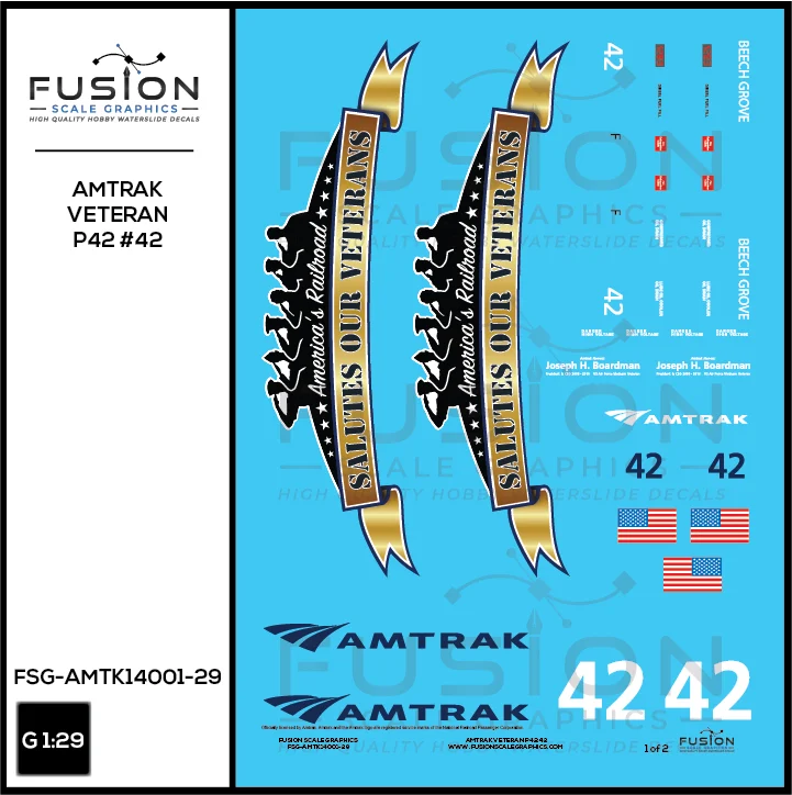 G Scale 1:29 Amtrak GE P42 Veterans 42 Decal Set - Fusion Scale Graphics