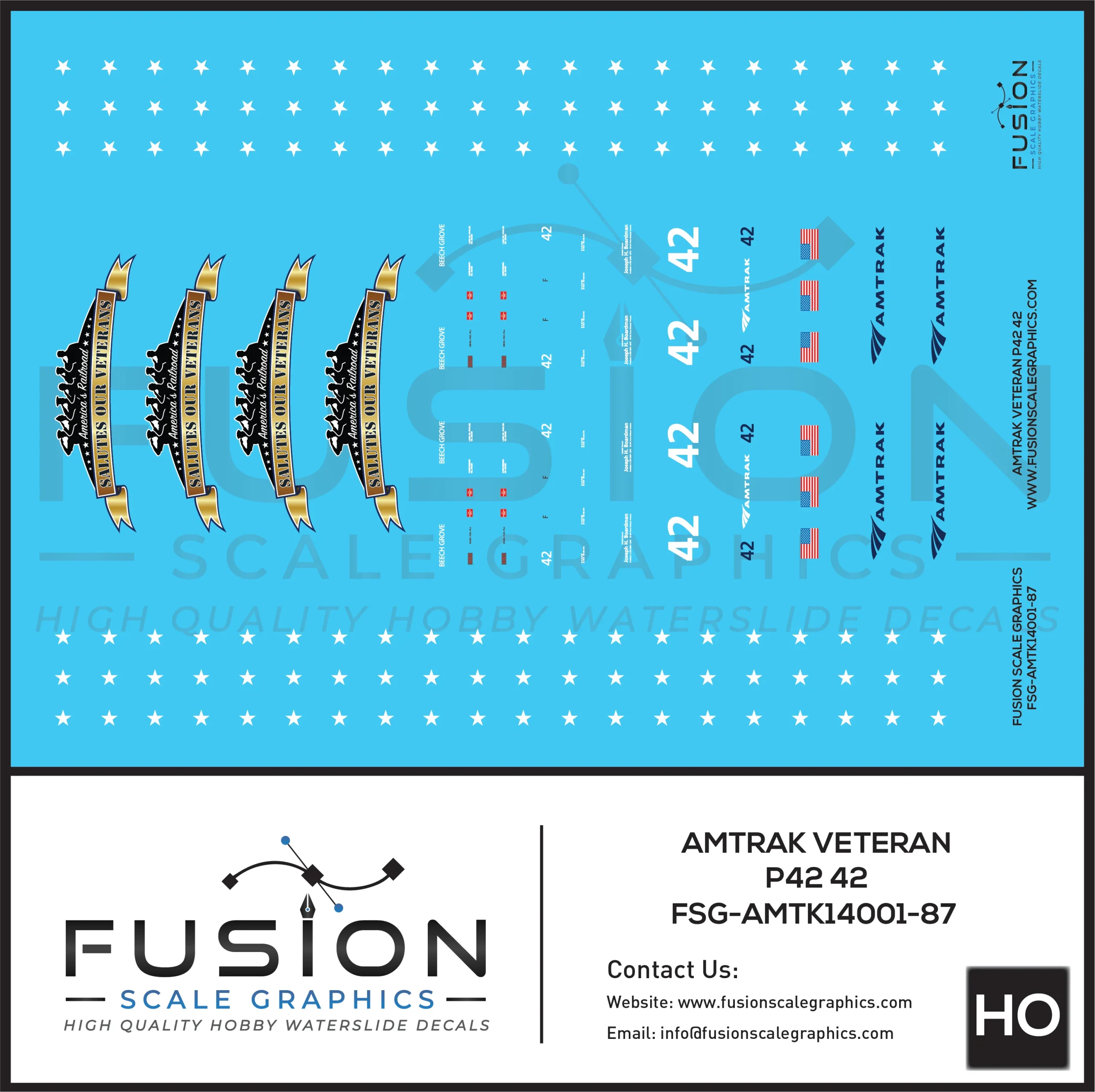 HO Scale Amtrak GE P42 Veterans 42 Decal Set - Fusion Scale Graphics