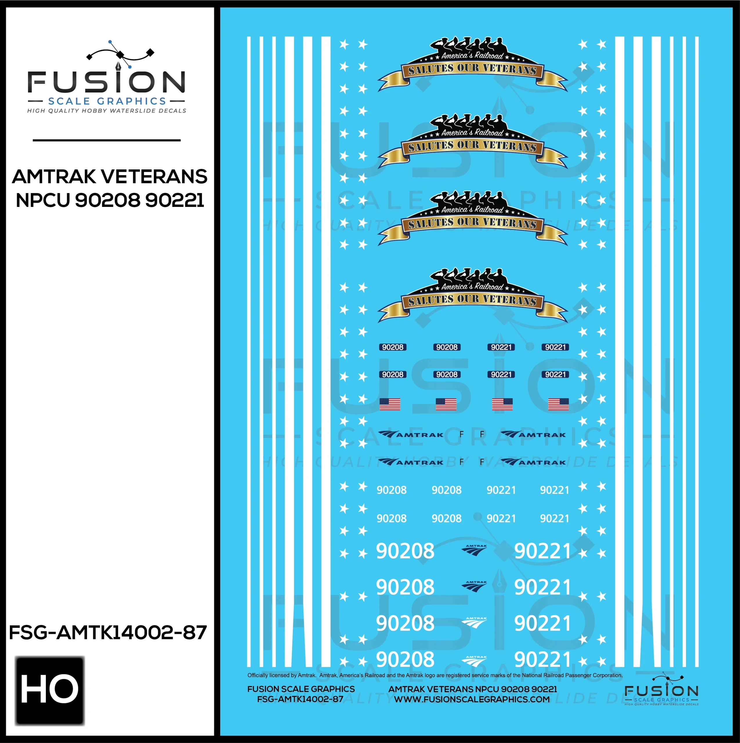 HO Scale Amtrak Veterans NPCU Cabbage 90208 90221 Decal Set - Fusion Scale Graphics