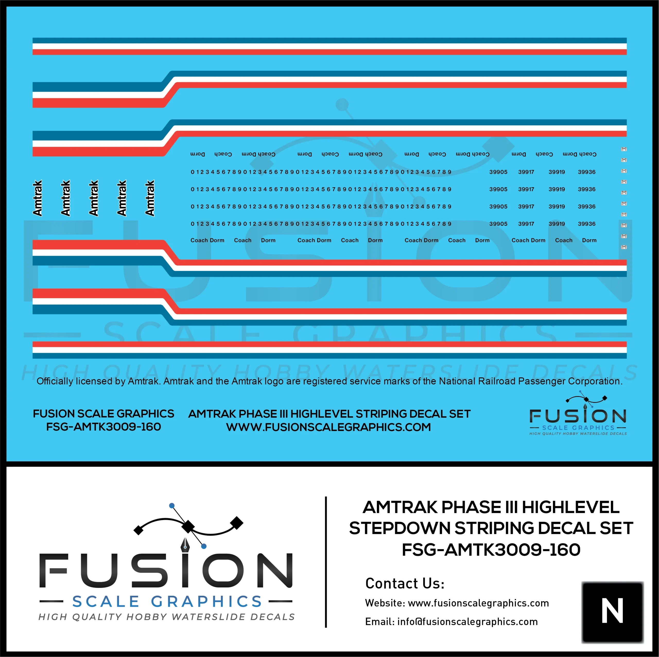 N Scale Amtrak Phase III Highlevel Stepdown Striping Decal Set - Fusion Scale Graphics
