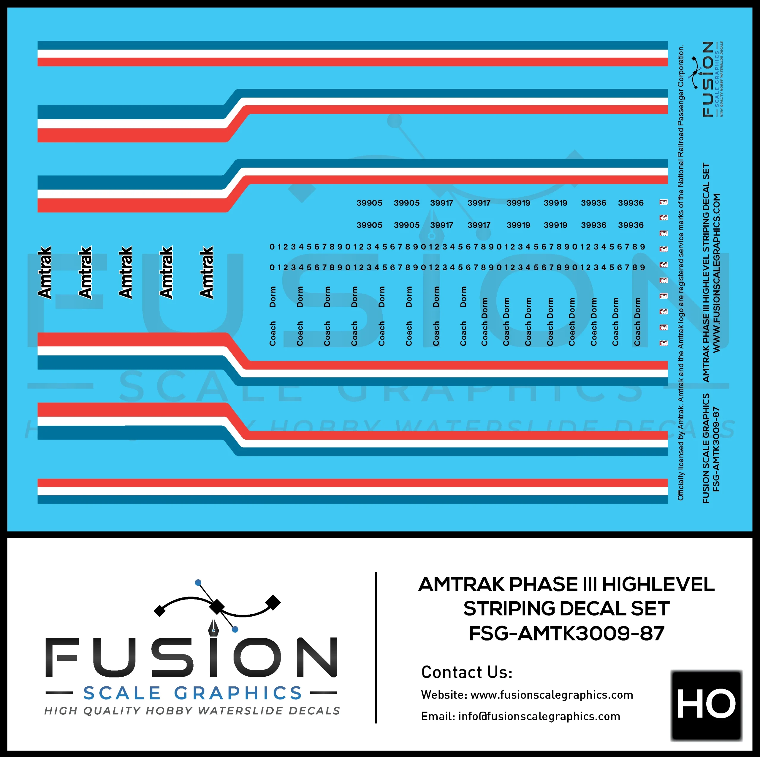 HO Scale Amtrak Phase III Highlevel Striping Decal Set - Fusion Scale Graphics