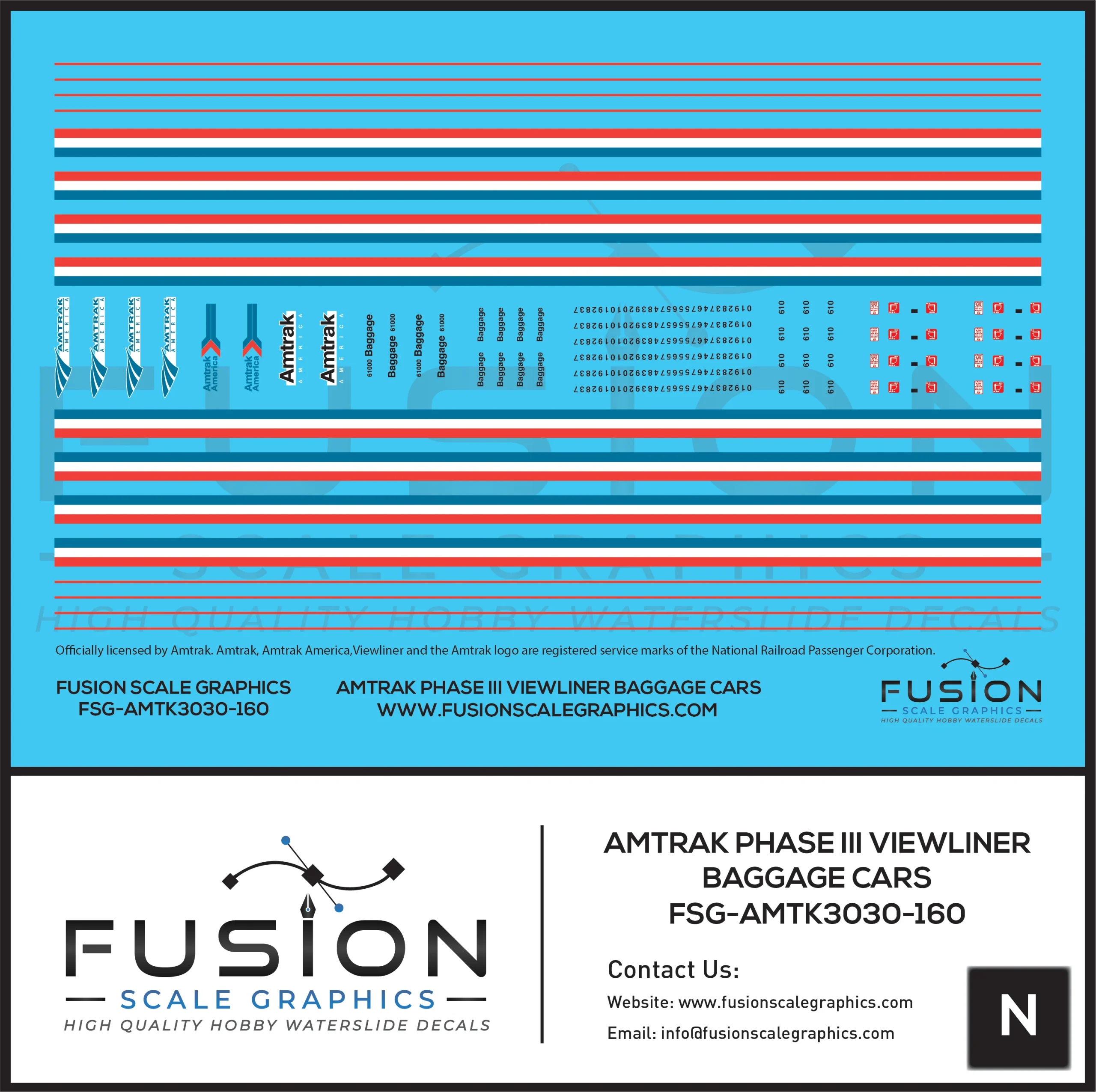 N Scale Amtrak Phase III Viewliner Baggage Car Decal Set - Fusion Scale Graphics