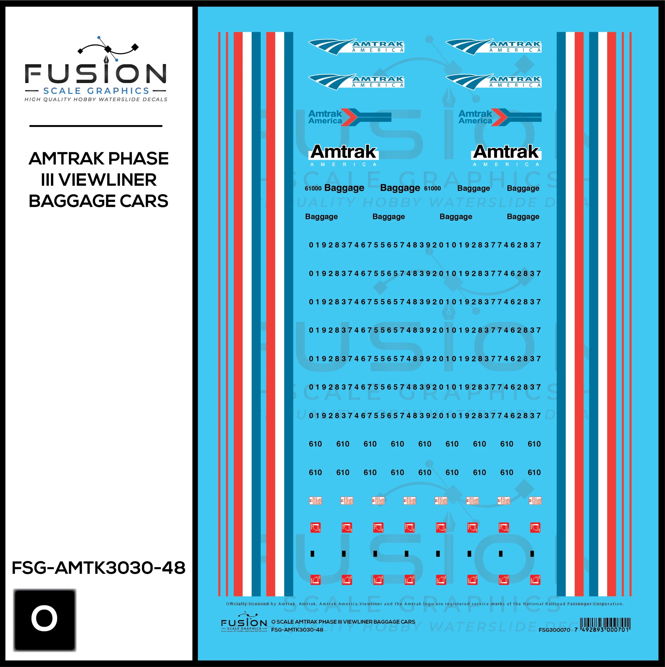 O Scale Amtrak Phase III Viewliner Baggage Cars Decal Set - Fusion Scale Graphics