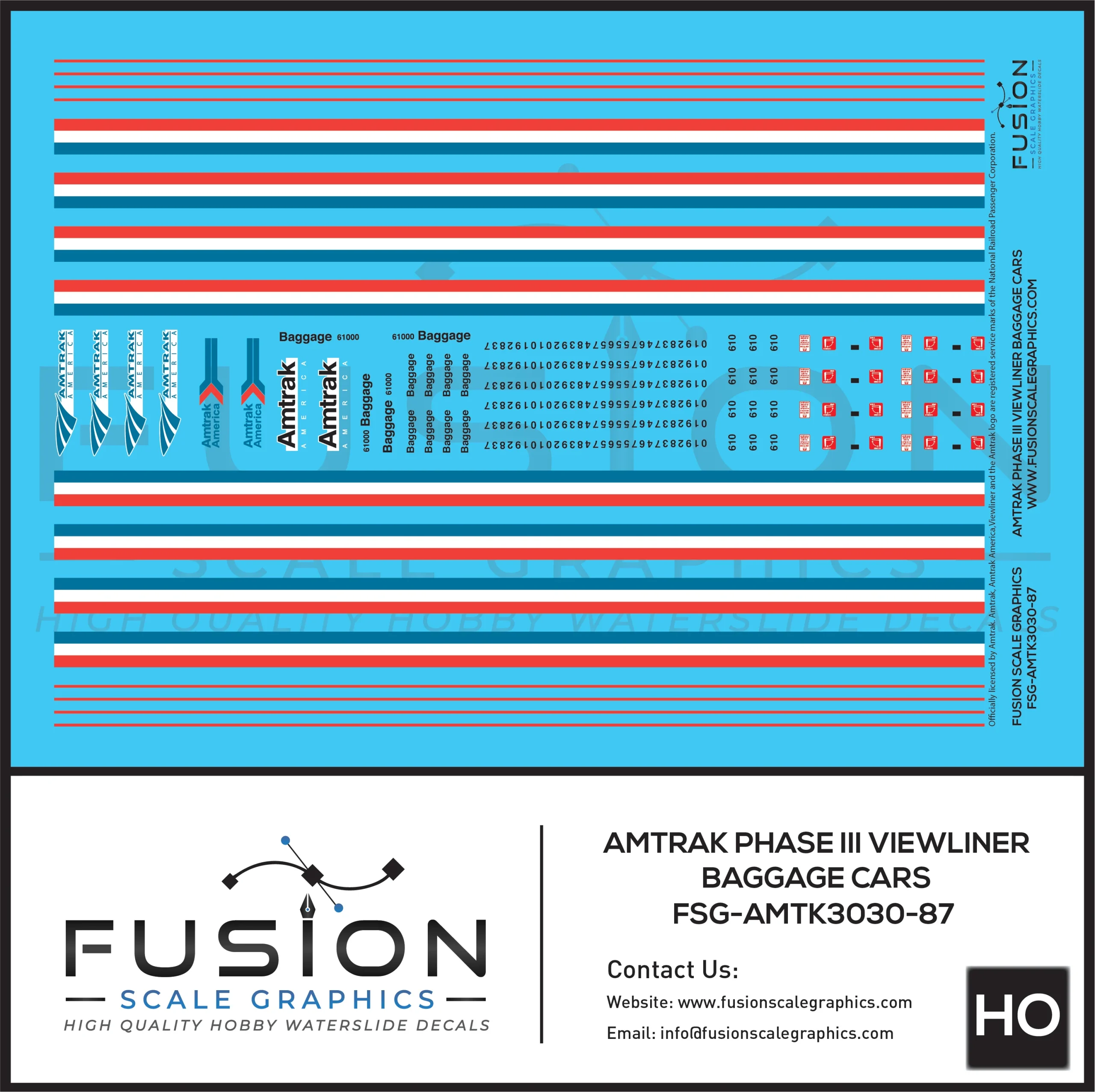 HO Scale Amtrak Phase III Viewliner Baggage Car Decal Set - Fusion Scale Graphics