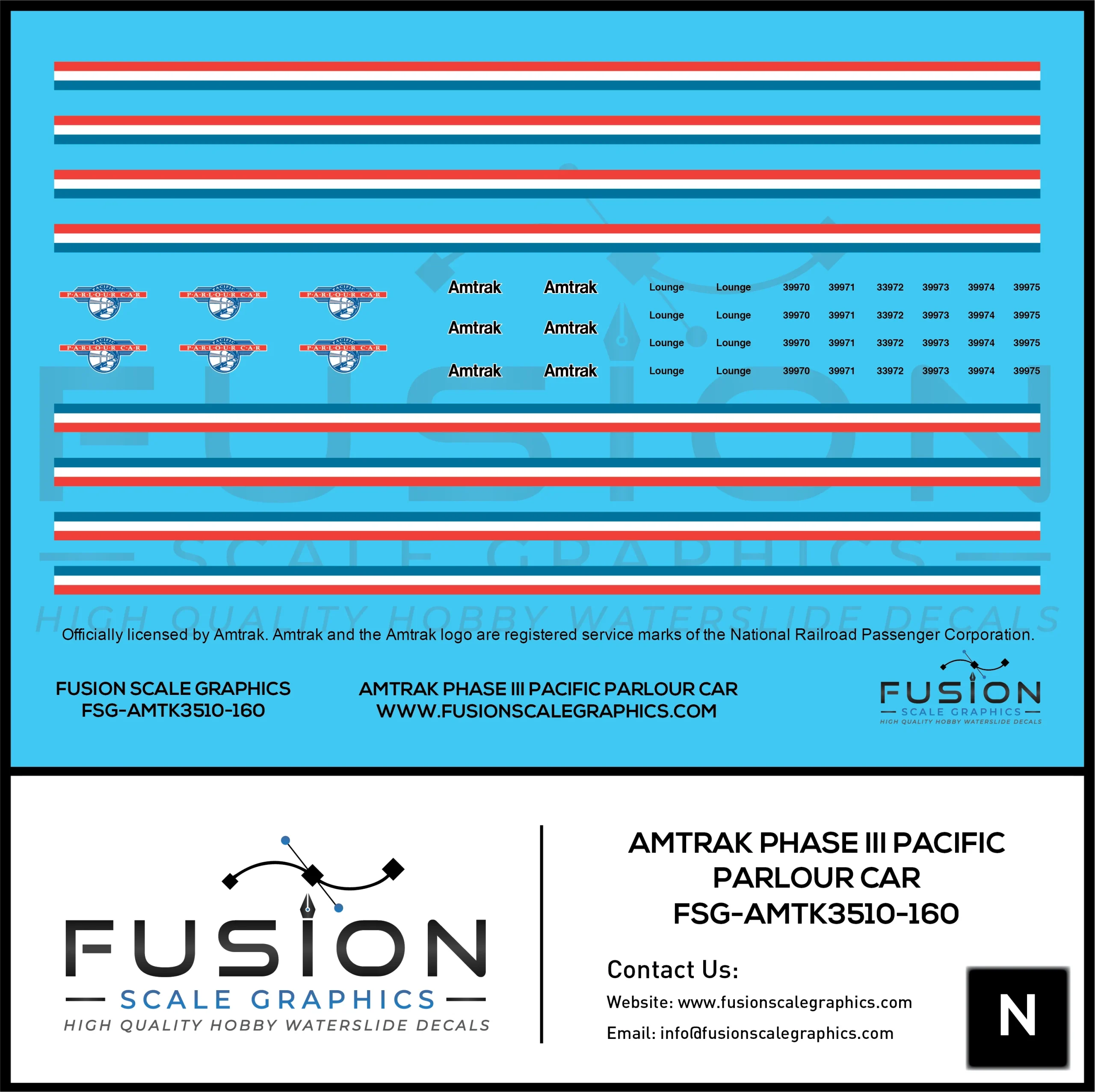 N Scale Amtrak Phase III Pacific Parlour Car Decal Set - Fusion Scale Graphics