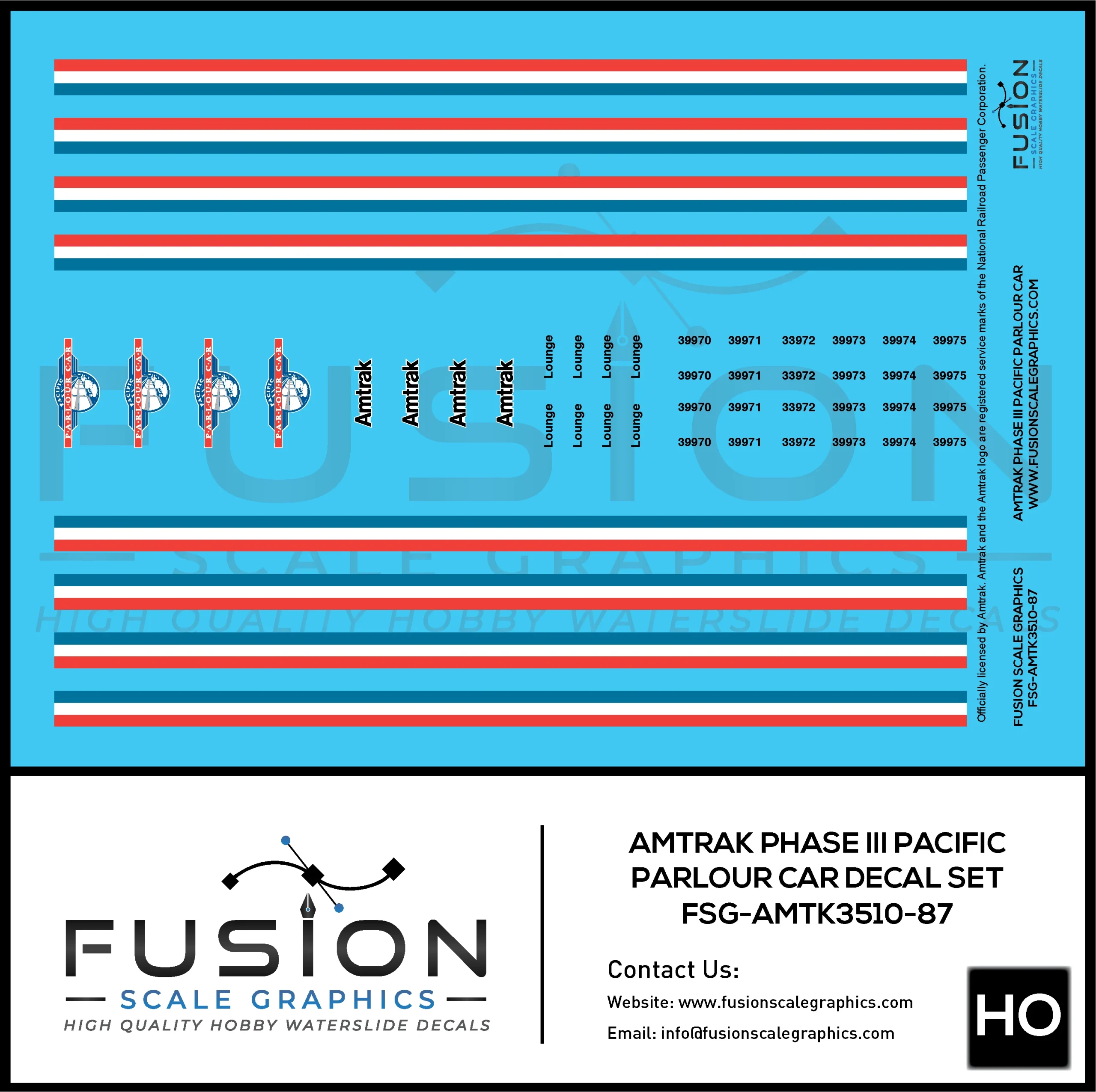 HO Scale Amtrak Phase III Pacific Parlour Car Decal Set - Fusion Scale Graphics