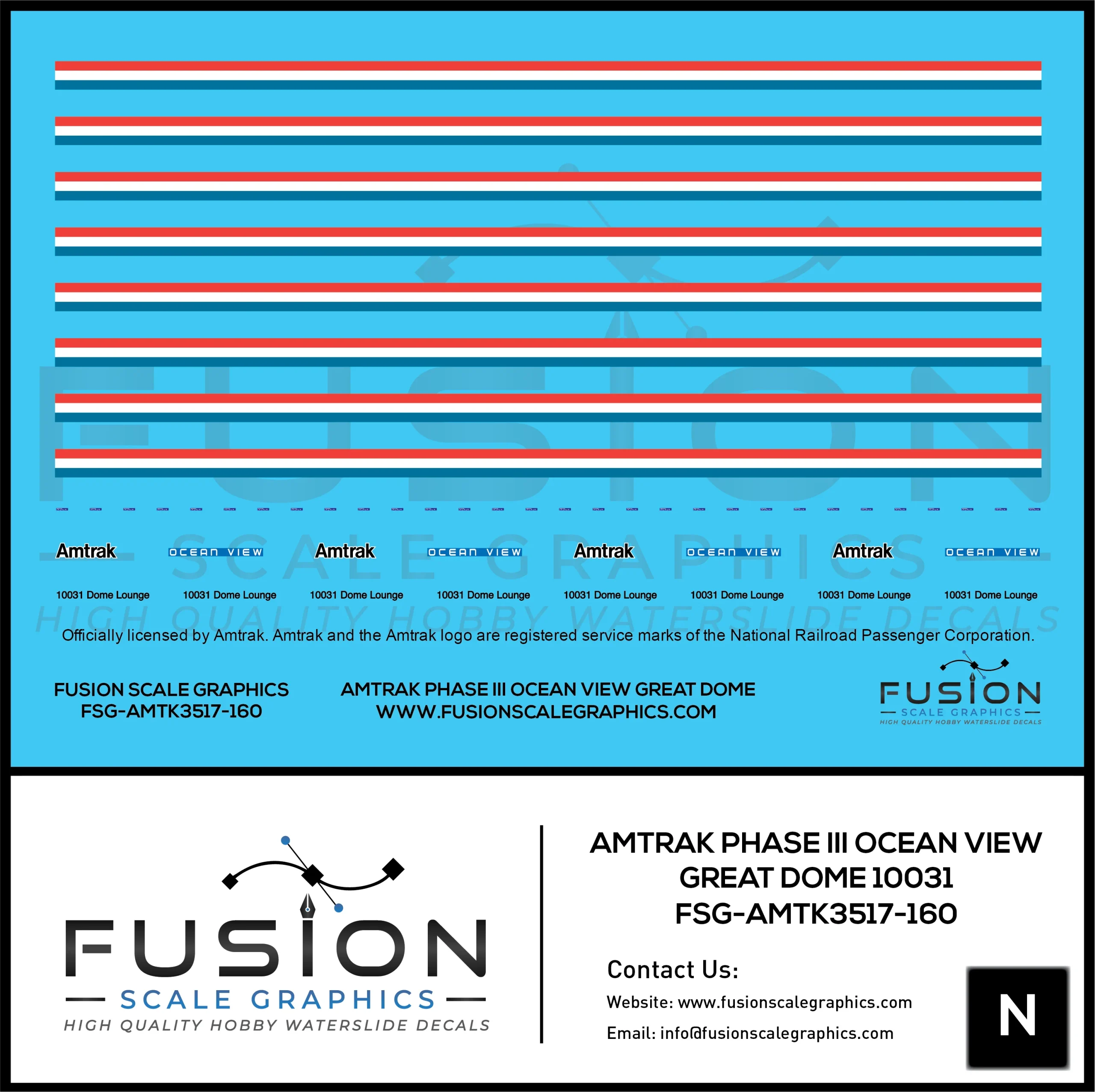 N Scale Amtrak Phase III Ocean View Great Dome 10031 Decal Set - Fusion Scale Graphics