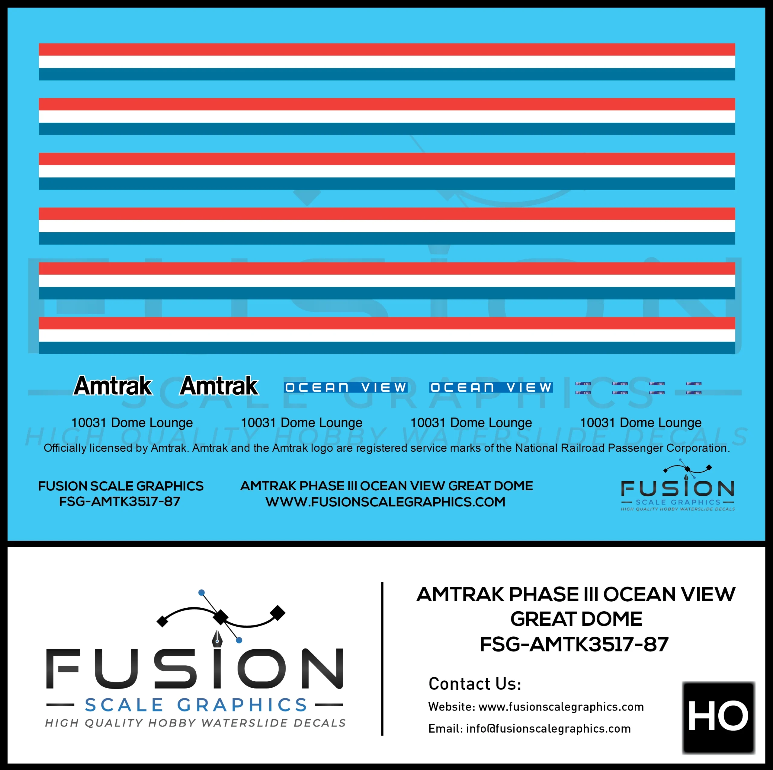 HO Scale Amtrak Phase III Ocean View Great Dome 10031 Decal Set - Fusion Scale Graphics