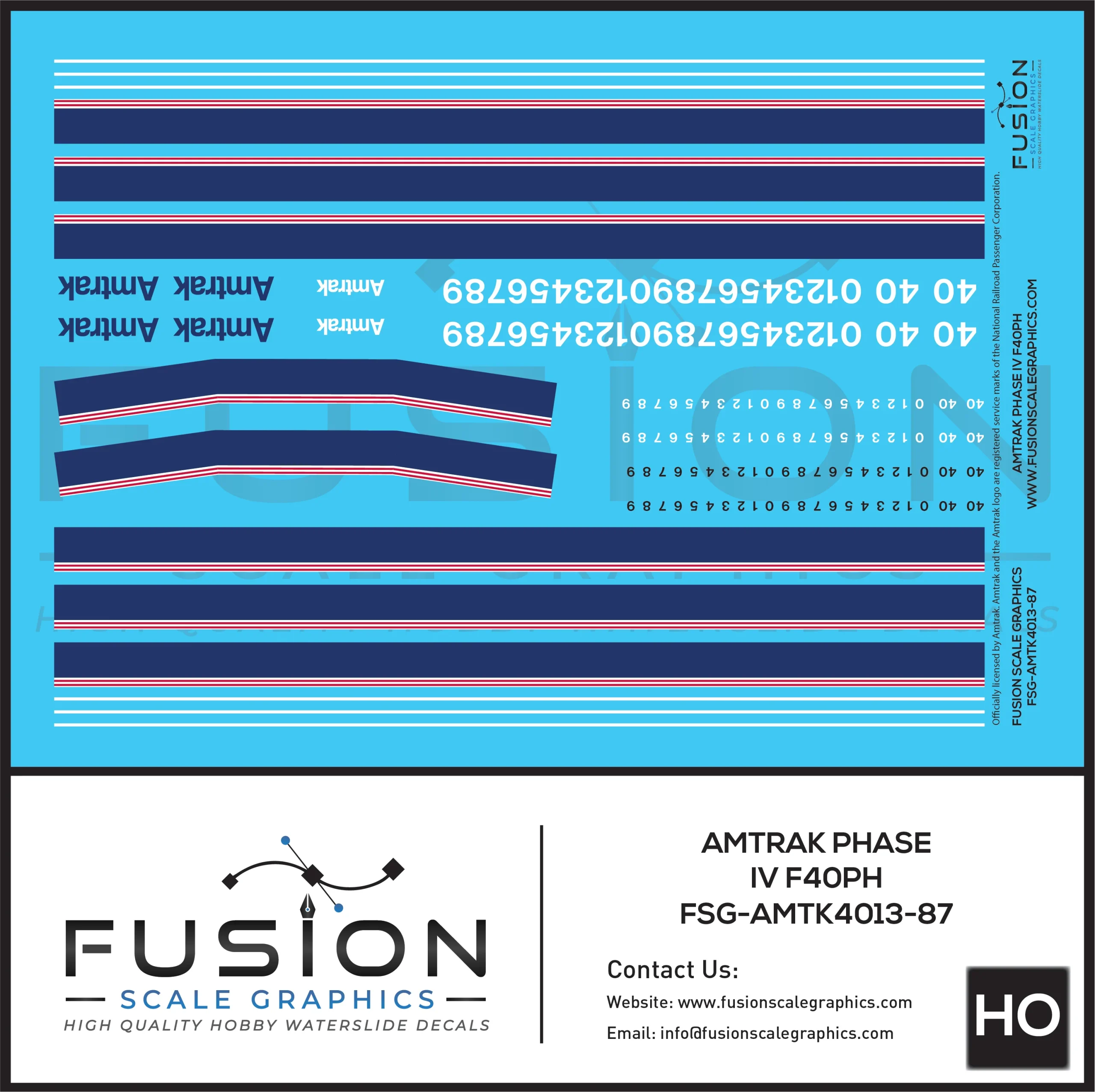 HO Scale Amtrak Phase IV F40PH Locomotive Decal Set - Fusion Scale Graphics