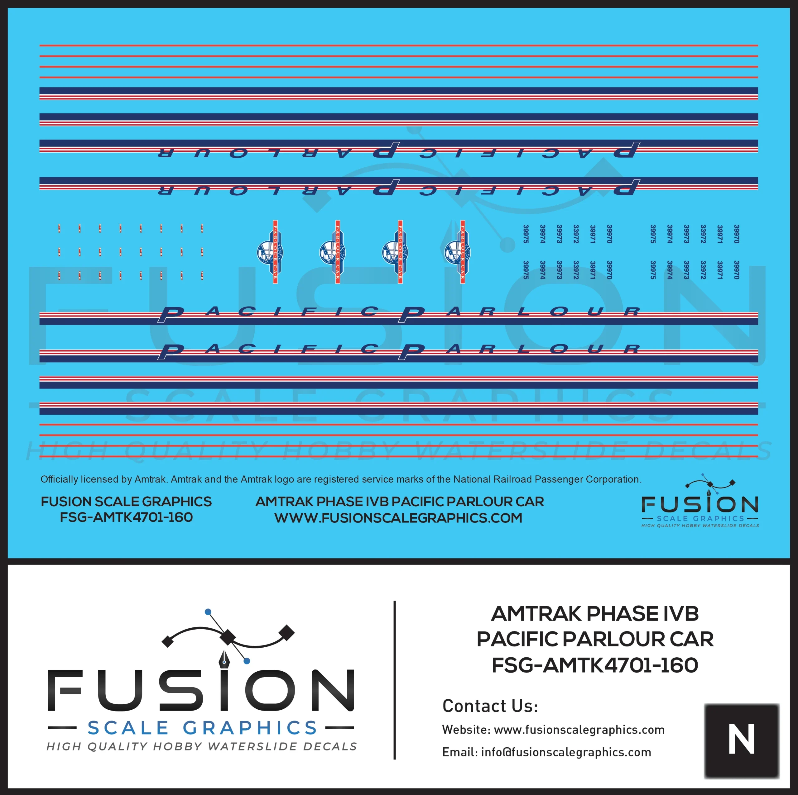 N Scale Amtrak Phase IVb Pacific Parlour Car Decal Set - Fusion Scale Graphics
